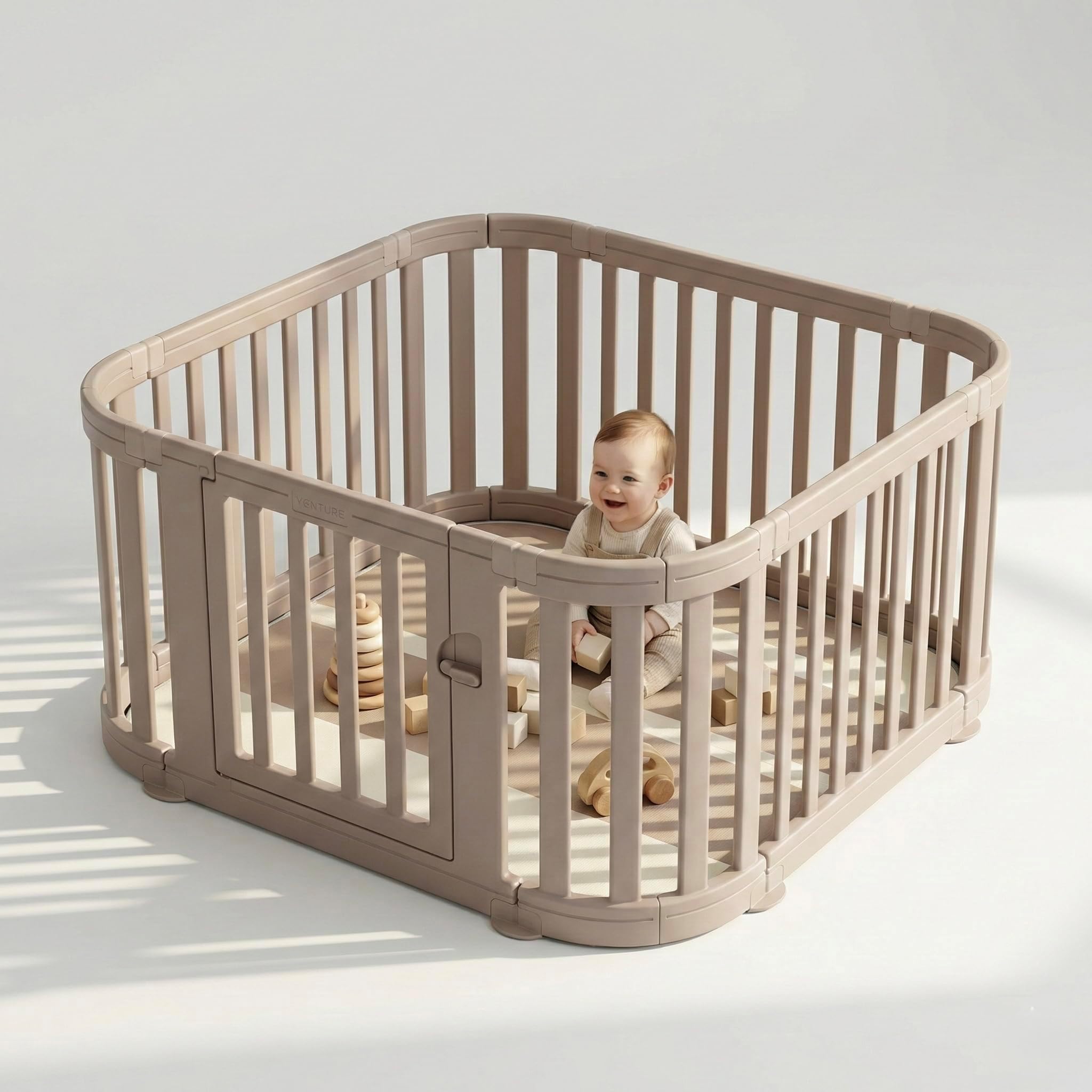 Venture All Stars Baby Playpen - Large Plastic Playpen for Baby and Toddlers with Free Mat, Sturdy Lockable Door, Push-Fit Assembly, Rounded Edges, Indoor & Outdoor Play Pen - Beige