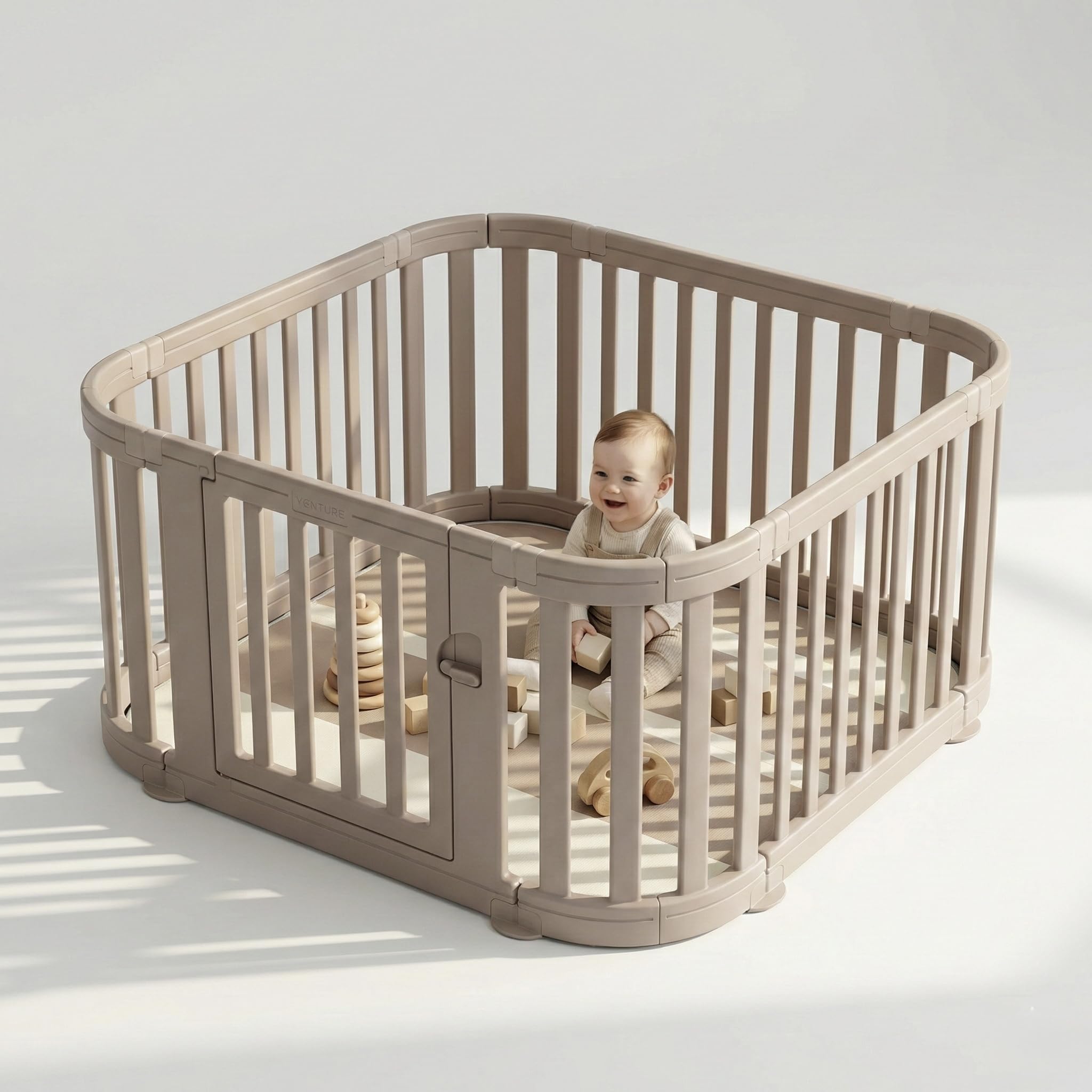 Venture All Stars Baby Playpen - Large Plastic Playpen for Baby and Toddlers with Free Mat, Sturdy Lockable Door, Push-Fit Assembly, Rounded Edges, Indoor & Outdoor Play Pen - Beige