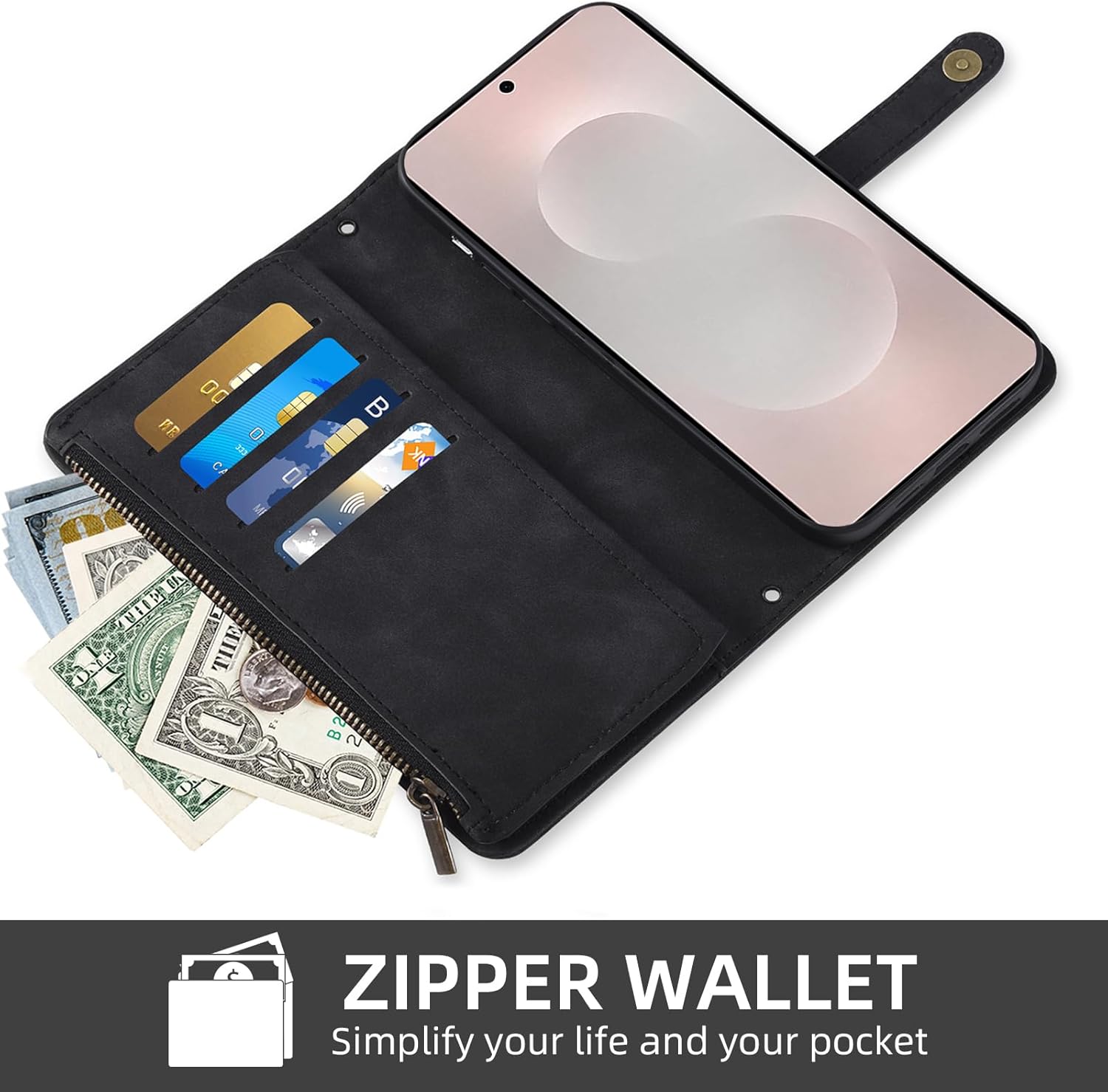 Phone Case for Samsung Galaxy S25 Edge 5G Wallet Cover With Screen Protector and Crossbody Wrist Strap Leather Flip Pattern Zipper Credit Card Holder Stand Cell S25Edge 25S S 25 25Edge 6.66 2025 Black