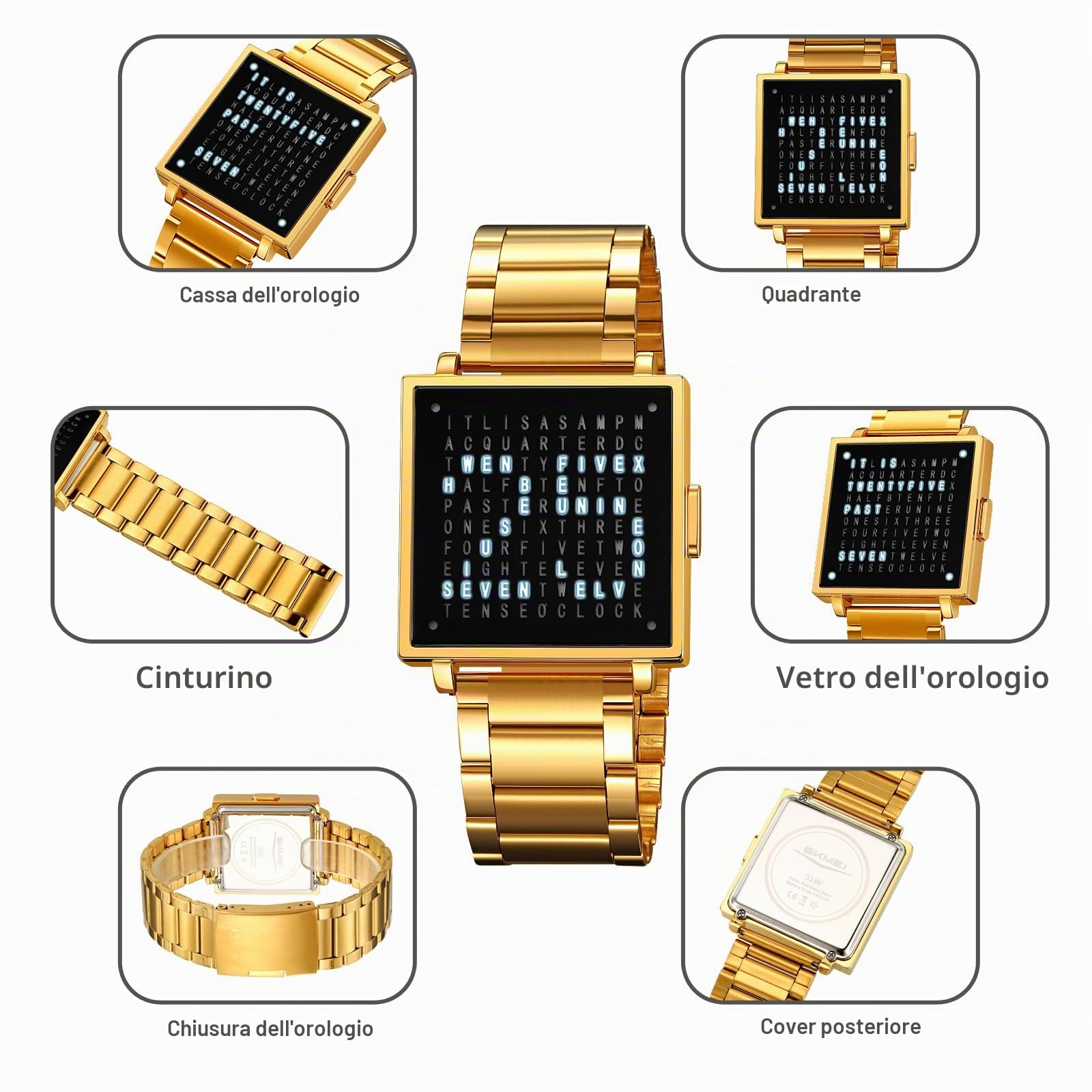 Gosasa Orologio da polso quadrato da uomo, alla moda, creativo, multifunzione, impermeabile, in acciaio inox, cinturino in pelle color oro e argento, regalo per uomo