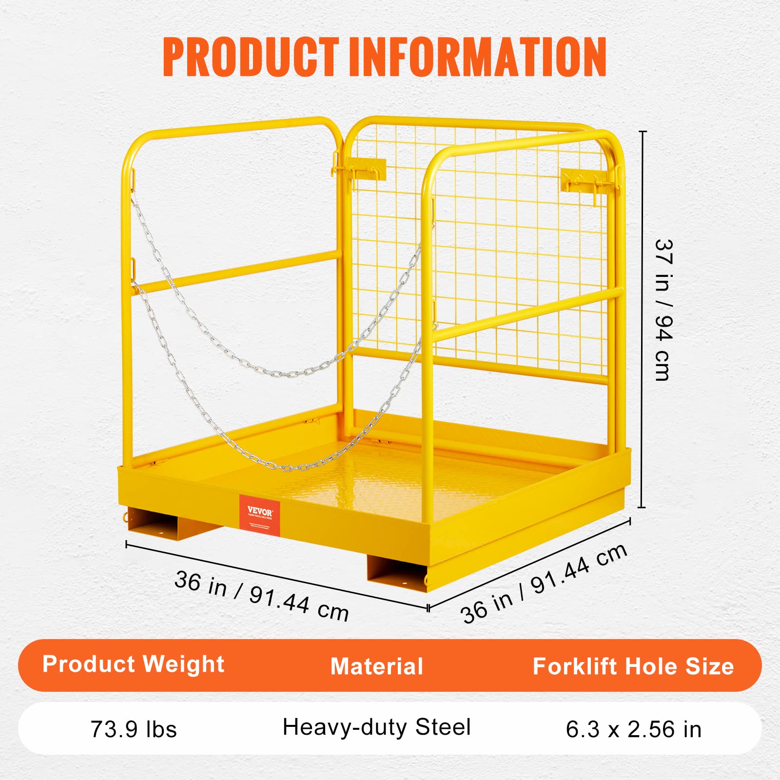 VEVOR Piattaforma Cestello di Sicurezza in Acciaio 91,4 x 91,4 x 94 cm Capacità Carico Max. 544,3kg, Cesta per Muletto con Piattaforma di Lavoro Portapersone Uso Industriale in Acciaio 91,4 x 91,4cm