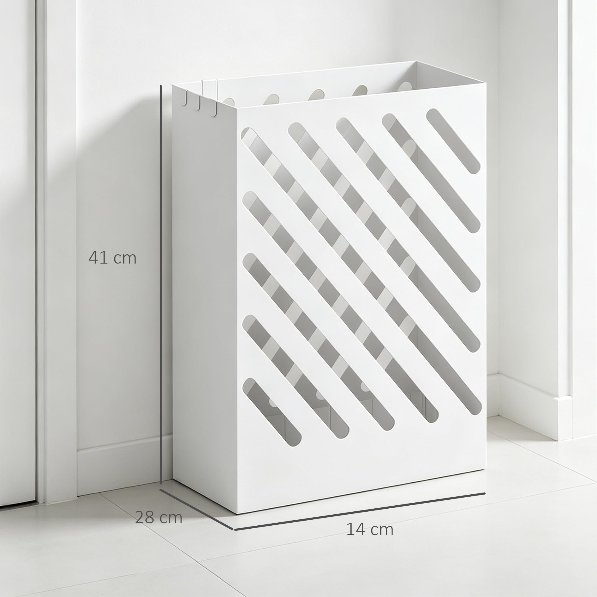 HOMCOM Portaombrelli Design Moderno con Vaschetta Raccogli Gocce, Porta Ombrelli in Acciaio Zincato con 4 Ganci per Ingresso e Corridoio, 28x14x41 cm, Bianco