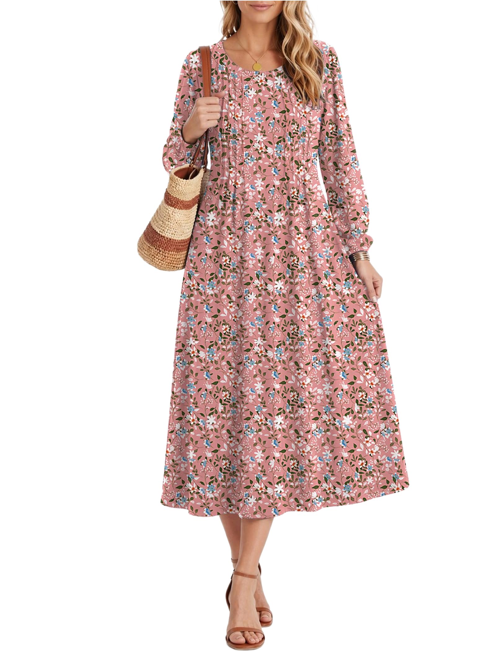 Zeagoo Fall Dresses for Women Long Sleeve Midi Dress Casual A Line Dresses 2026 Pleated Flare Dress with Pockets