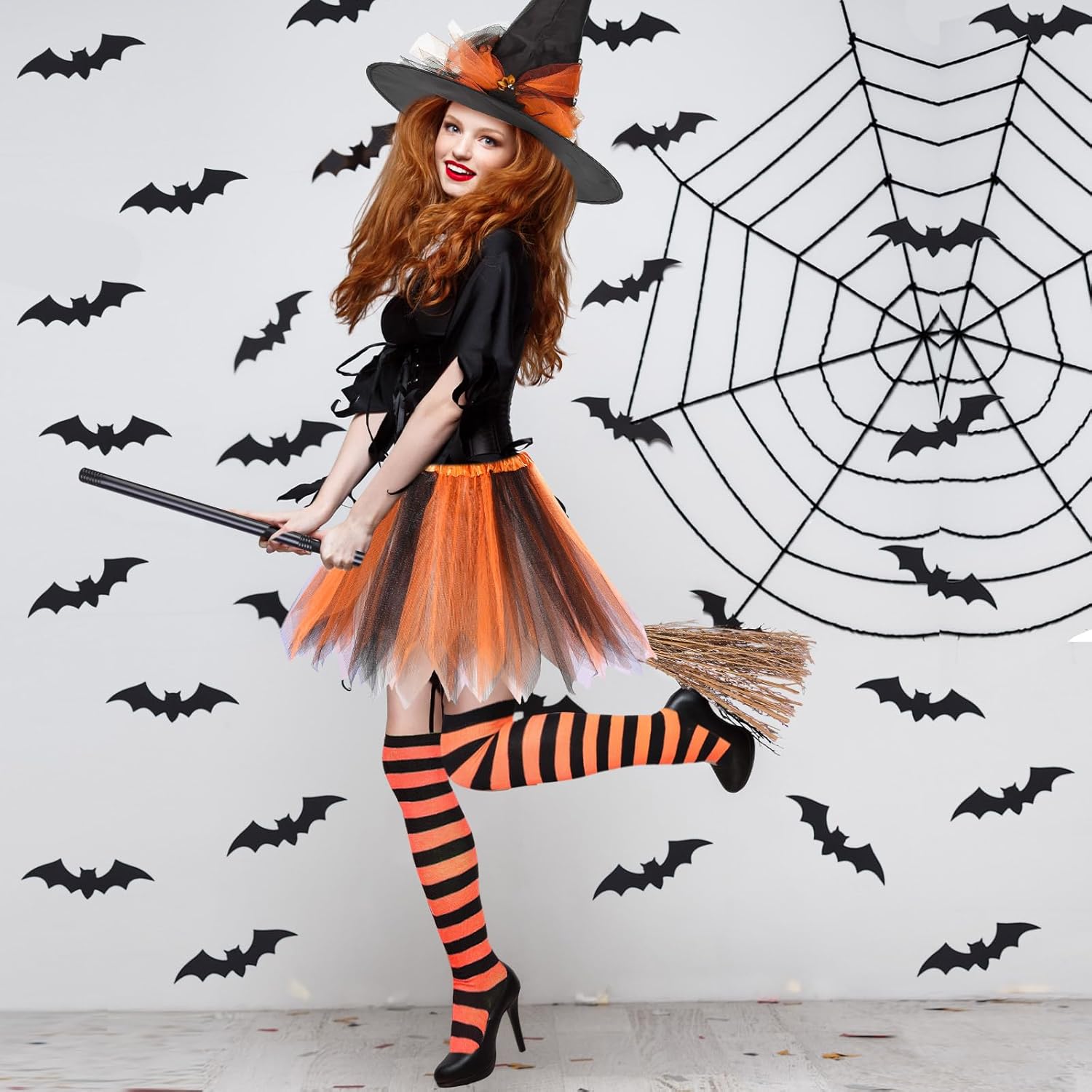Mepase 12 Pcs Halloween Witch Tutu Outfit Set for Women Include Tutu Hat Striped Thigh High Socks Witch Broom Witch Costume