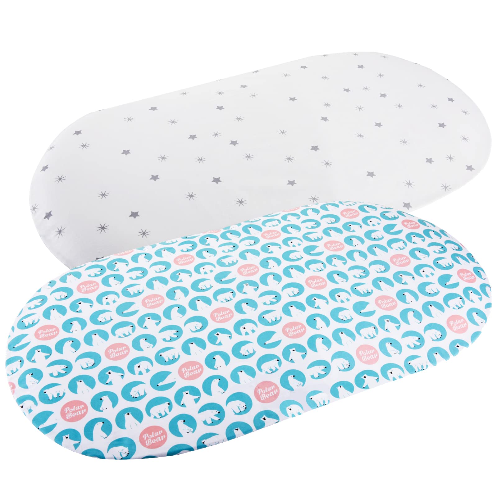 LuckyDove Bassinet Sheet Set 2 Pack, Cradle Sheets for Bassinet Pad/Mattress,Universal Cradle Sheet Set for Rectangle, Oval, or Hourglass Bassinet Pad/Mattress,Unisex Boys Girls,Stars&Polar Bear
