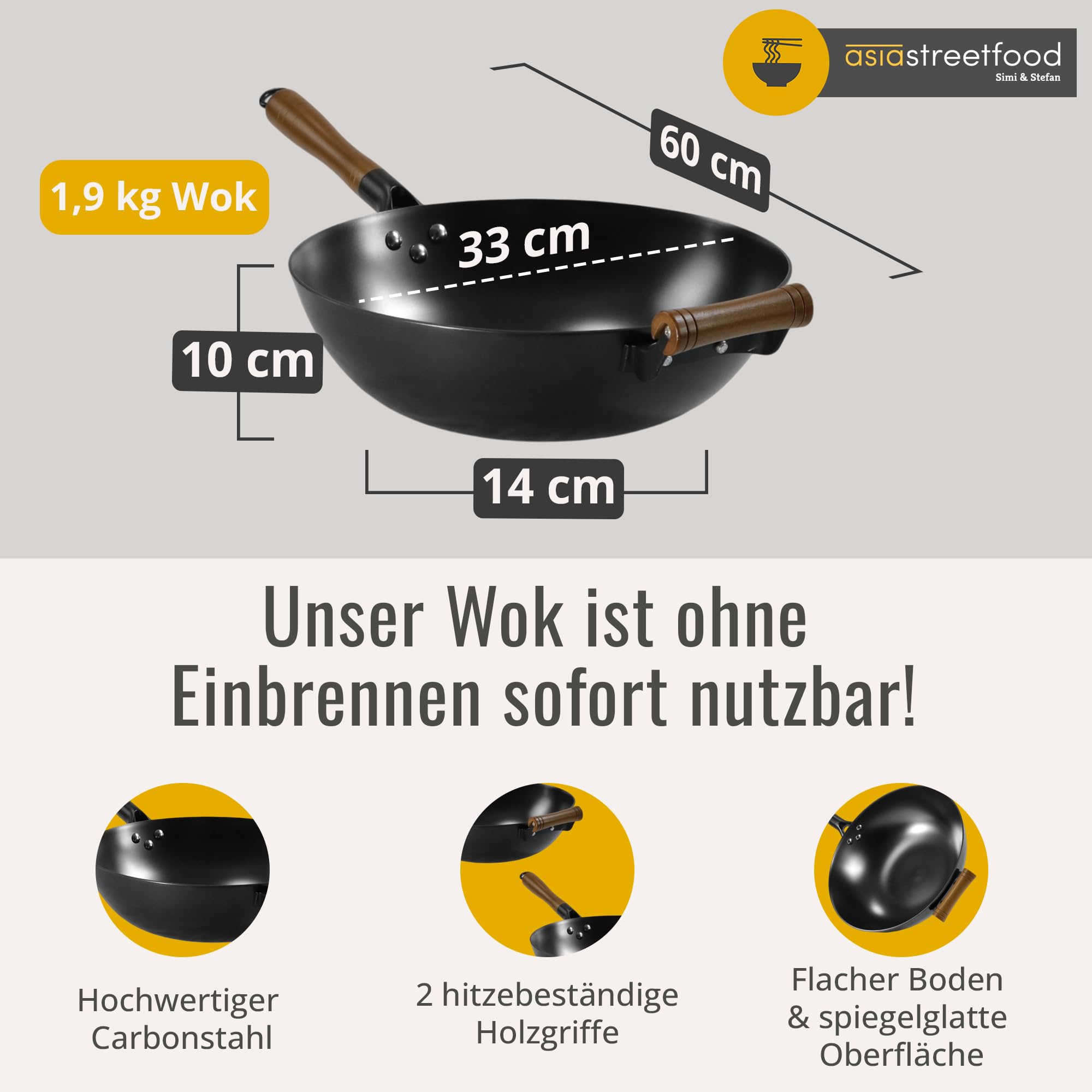 El wok perfecto de 33 cm de diámetro, acero al carbono, mango de madera | Sin quemar, base plana para gas, inducción y vitrocerámica, para platos asiáticos