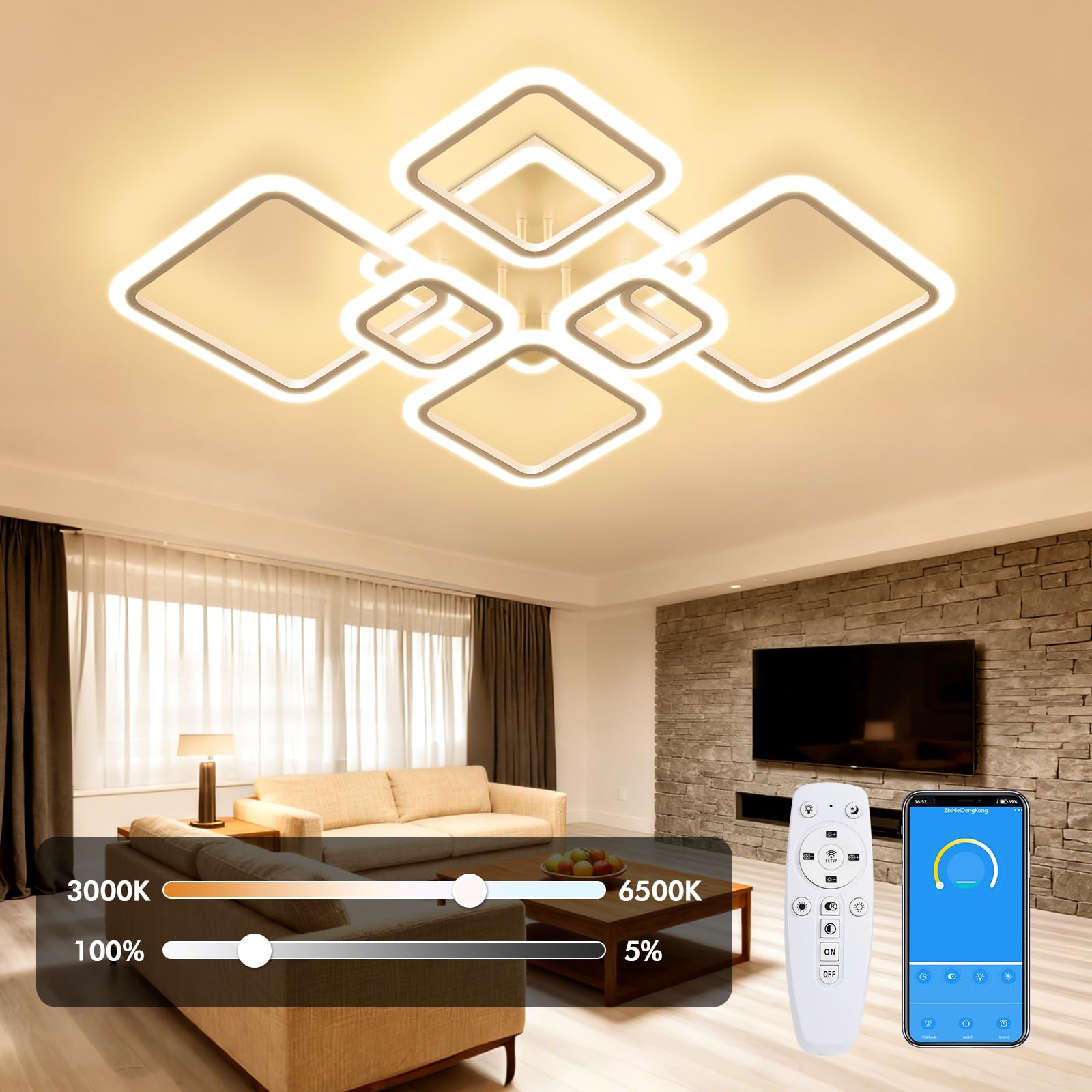 Plafoniera LED Soffitto 120W, Lampada da Soffitto LED, Dimmerabile 3000K 4500K 6500K con Telecomando, Plafoniere Soffitto per Soggiorno Camera da Letto Bagno Cucina Corridoio