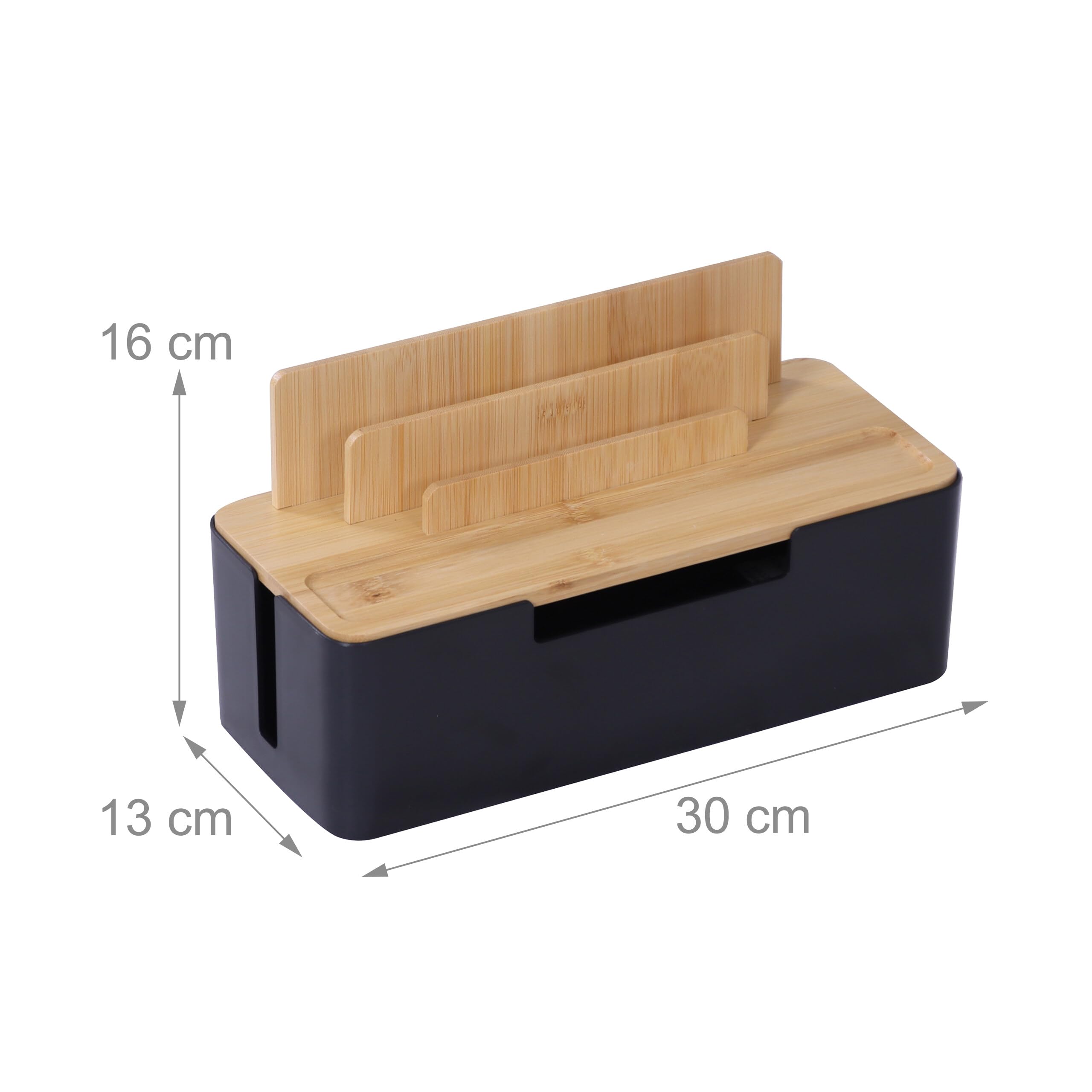 Relaxdays Scatola Porta Cavi in bambù, Supporto Cellulare/Tablet, 6 Prese, Ventilazione, Naturale/Nero 16x30x13 cm