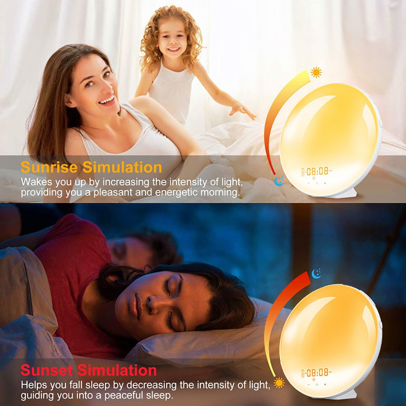 Reloj Despertador Amanecer, Luz Despertadora con Simulación De Amanecer, Radio FM, Alarmas Dobles y Ayuda para Dormir Snooze, Máquina De Sonidos De Ruido Blanco para Dormir Pesado