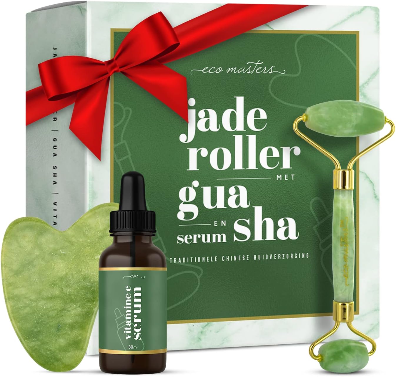 Jade Roller met Gua Sha en Vitamine C Serum – Aloe Vera & Retinol – Gezichtsroller – 100% Pure Jade Steen Gezichtsmassage – Anti-Aging Massage Set