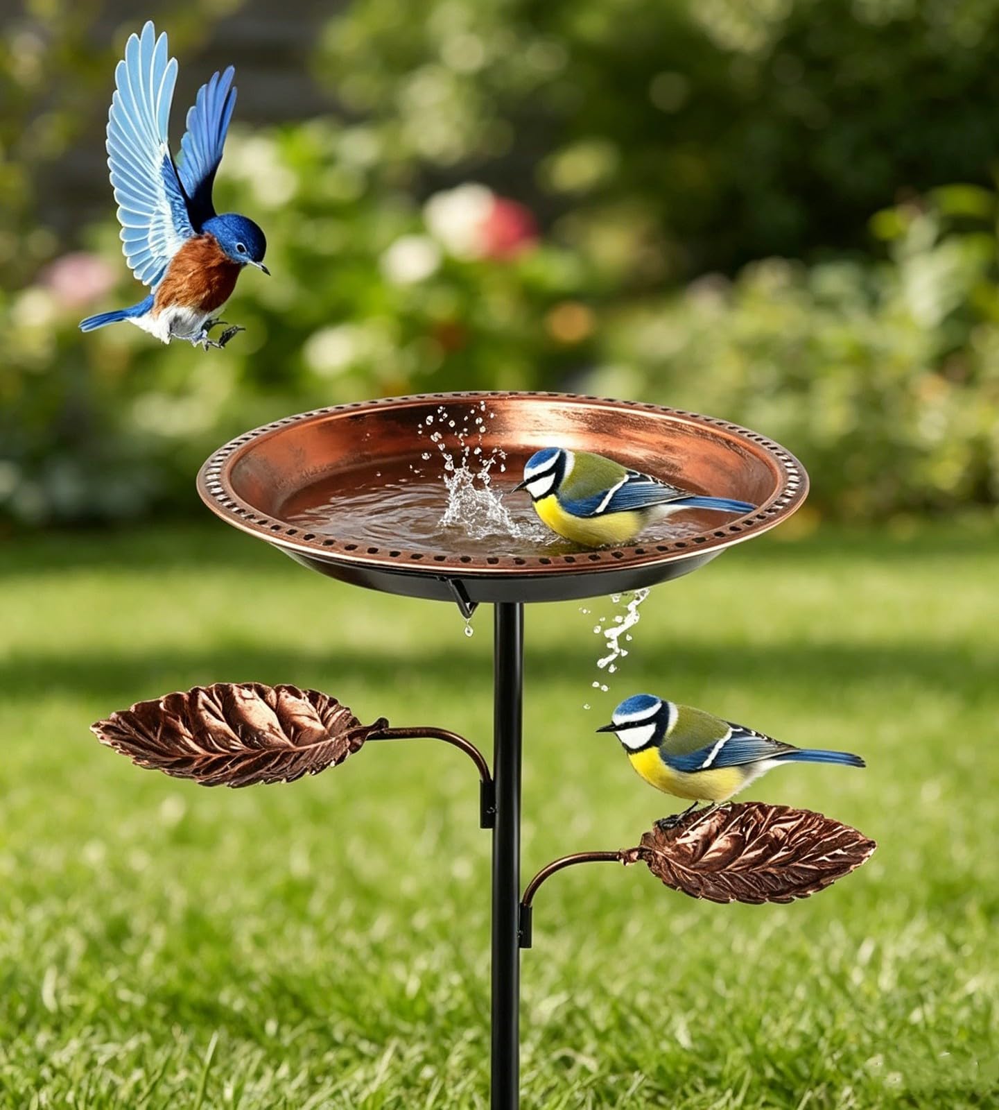 Bain d'oiseaux en MéTal avec 2 Mangeoires pour L'ExtéRieur, Support Vertical pour Jardin(Antique Bronze)