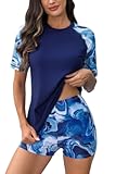 Women's Built in Bra Rash Guard UPF 50 Two Piece Swimsuit Shirt and Board Shorts