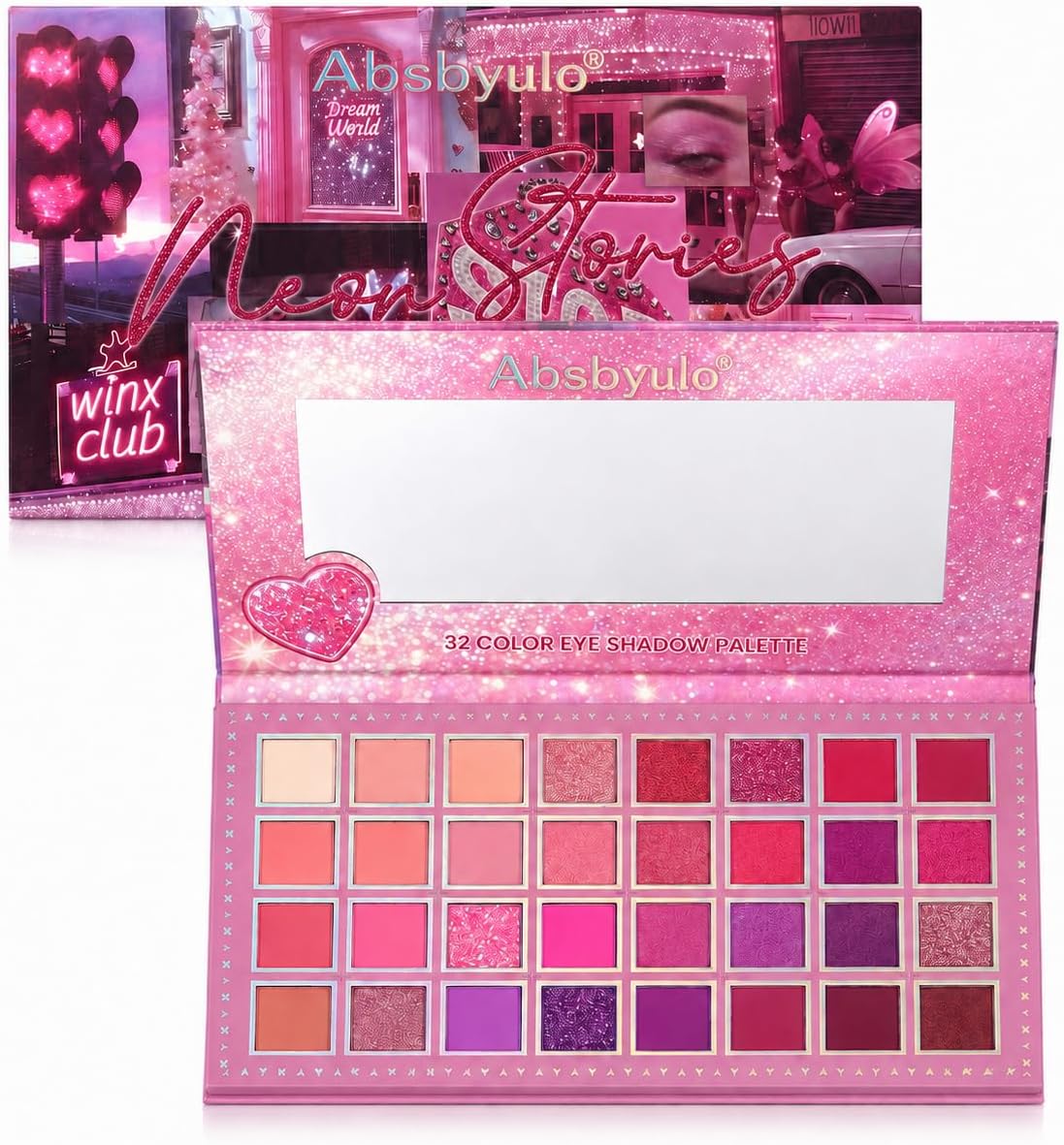 32 Color Eyeshadow Palette with Mirror, Pink Purple Matte Shimmer Glitter Eye Shadow Palette, Rose Berry Burgundy Makeup Palette for Women and Teen Girls, Party Festival Holiday