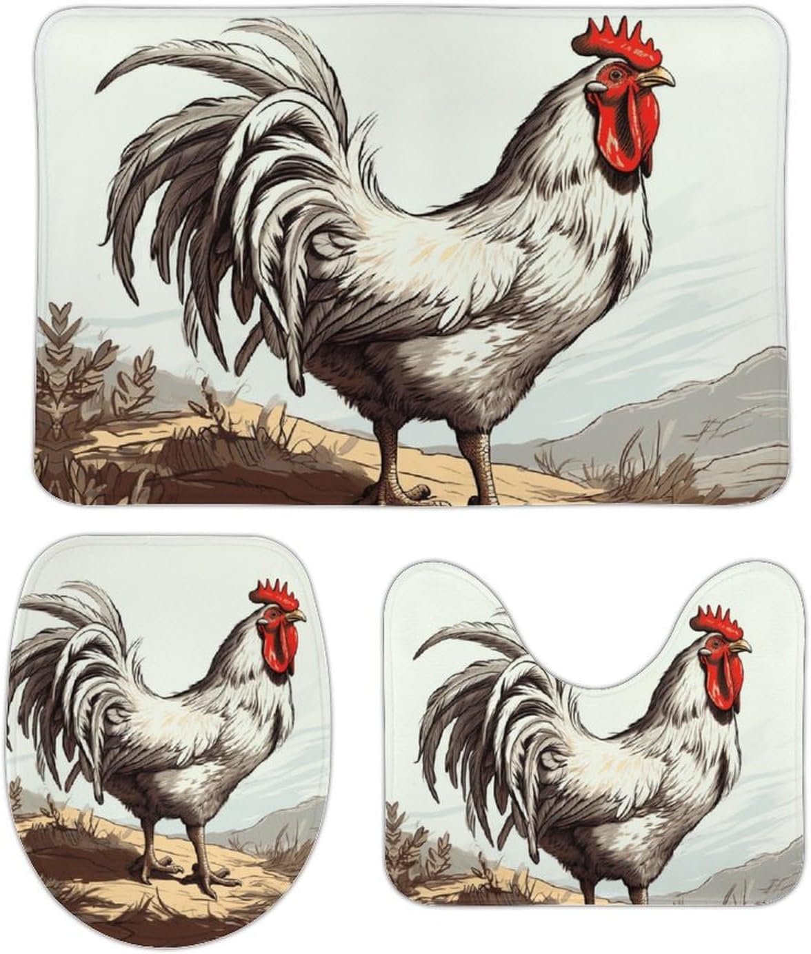 Anti-Skid Floor Mats 3 Piece Set,Chicken Sketch Printed Coral Fleece Bathroom Mats U-Shaped Contour Mat Toilet Seat Cover for Bathroom, Tub, Shower, Kitchen 19.7"x31.5"