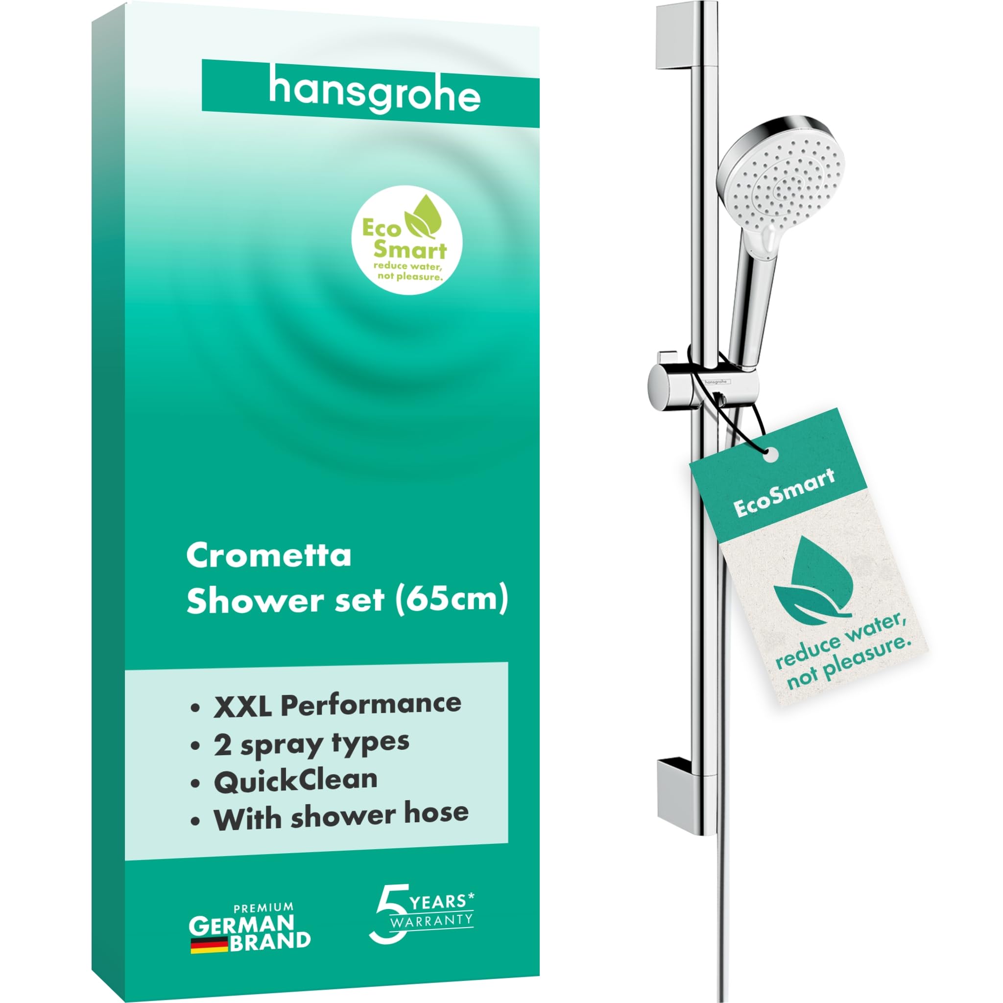 Crometta Vario water saving shower set 0.65 m with, 2 spray modes, 9 l/min, white/chrome