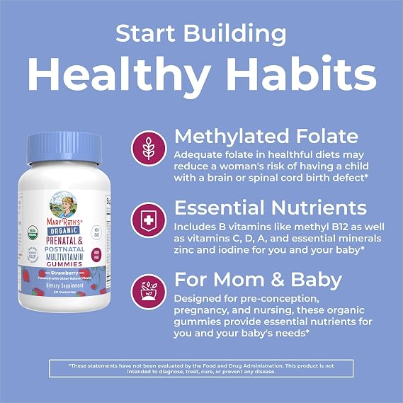 MaryRuth Organics Prenatal Postnatal Multivitamin Gummies (Strawberry) & Women's (Cherry & Raspberry) | USDA Organic | Vitamins for Breastfeeding, Beauty, Immunity | Vegan, No Gelatin