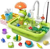 Pupu Pig Play Sink with Running Water & Electric Faucet - 2-in-1 Kitchen Toy Fishing Game Set for Toddlers Boys Girls 3+