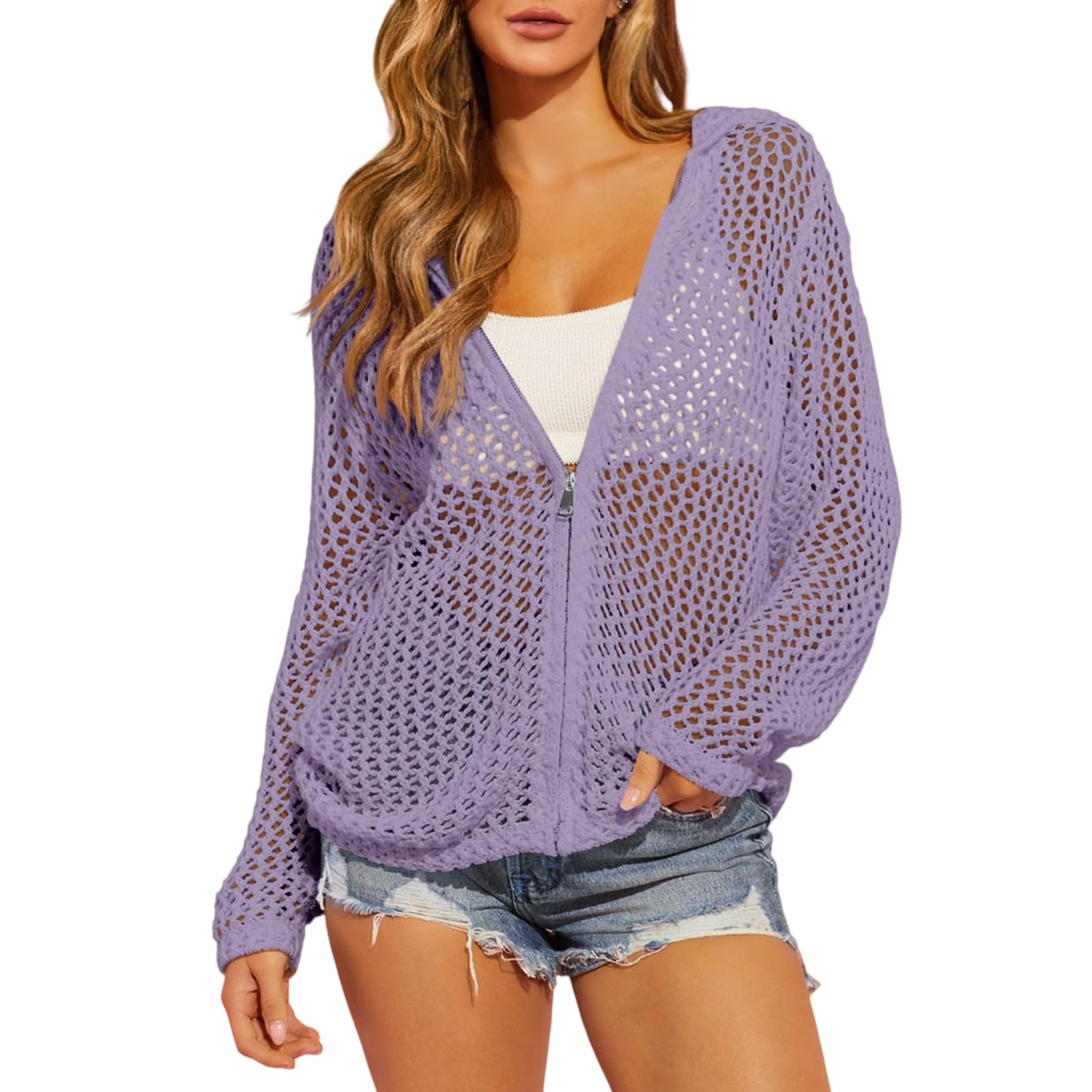Copricostume da spiaggia leggero da donna in maglia all'uncinetto con zip | Copricostume, cardigan da spiaggia per donna, leggero, a maniche lunghe, in maglia a rete, ideale per la spiaggia e il bagno