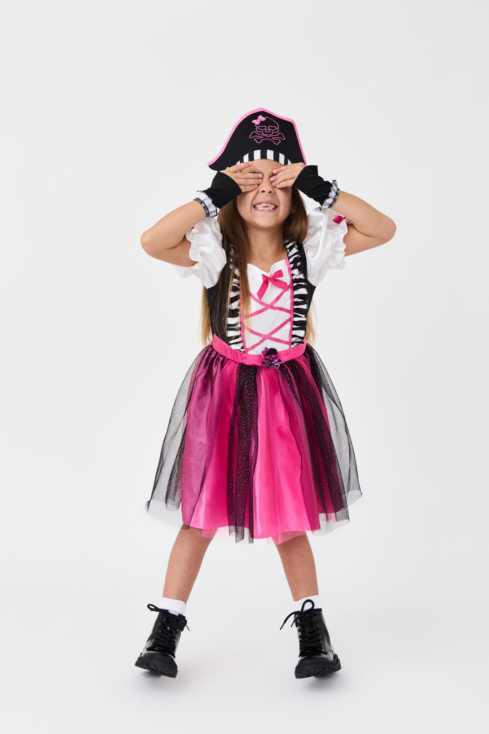 Blues Group Pink Glitzy Pirate Dress with Hat Girls Kids Costume | World Book Day, Halloween,Dress-Up, and Fancy Dress | Ages 3-10| (6-8 Years)