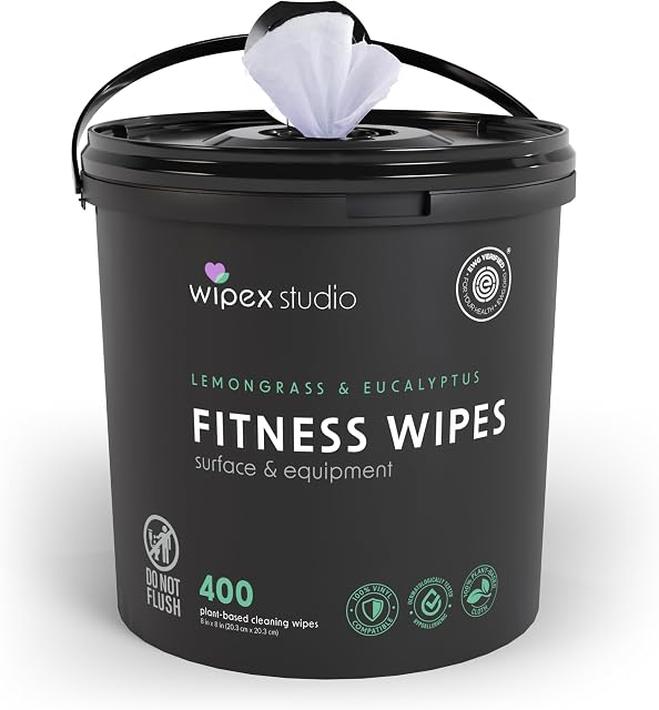 Wipex Wipes nettoyantes pour tapis de yoga - Lemongrass à base végétale, Eucalyptus & Essuie-vinettes pour gymnastique & Équipement de fitness & Nettoyage de salle de gymnastique tout usage - Coffre-fort pour les vélos Peloton & Tapis roulants - 400 Nombre