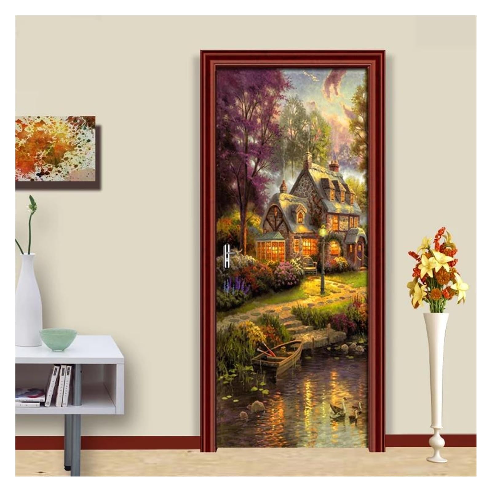 Sticker autocollant de porte en PVC 95x215cm motif peinture à l'huile pour décorer le salon