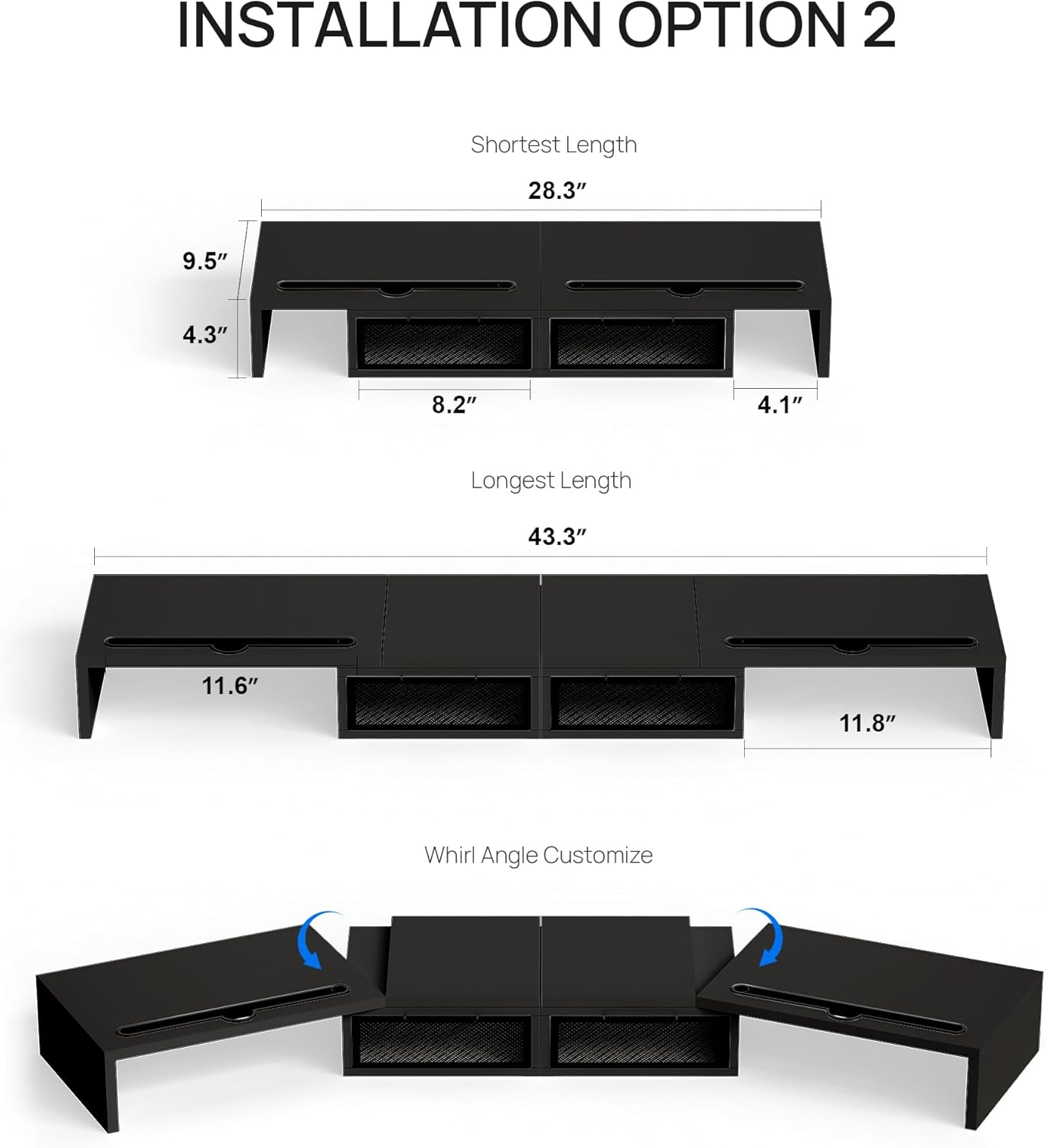 ZIFTY Dual Monitor Stand Riser with 2 Drawer and Smartphone Holder Wooden Desk Organizer, Adjustable Length & Angle Workspace Organizers for 3 Monitors Laptop Printer Computer, Black