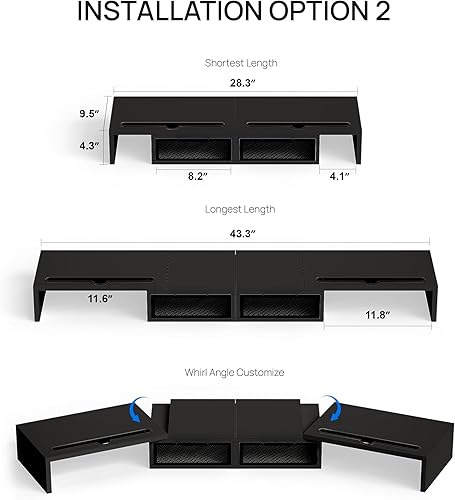 Miniatura 3 de ZIFTY Soporte elevador de monitor doble con 2 cajones y soporte para teléfono inteligente, organizador de escritorio para 3 monitores, longitud y