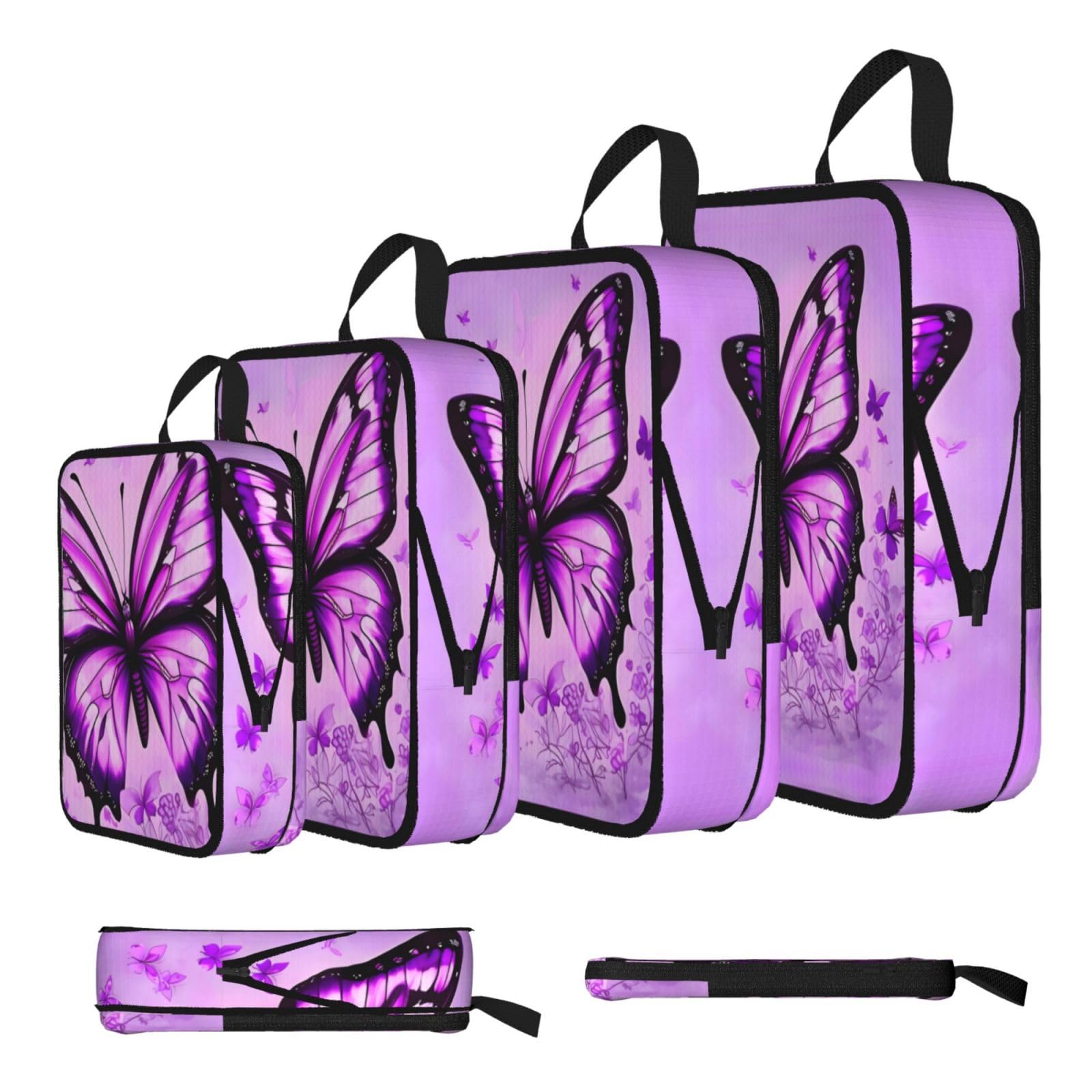 Sxzvvbn Black Purple Butterfly Compression Packing Cubes 4 Piece Set