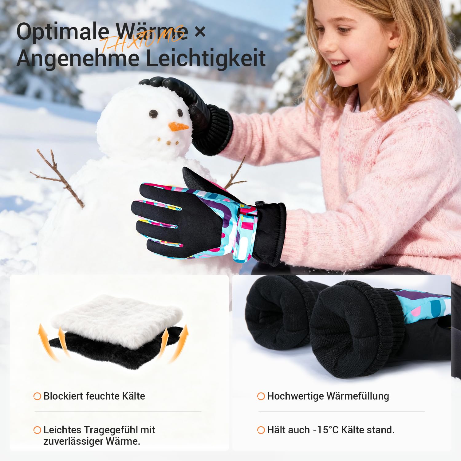 ThxToms Guanti da Sci Per Bambini Invernali, -15 °C Antivento Impermeabili Caldi Freddi, Sport All'aria Aperta, Snowboard, Ciclismo, Ragazzi e Ragazze 4-13 Anni