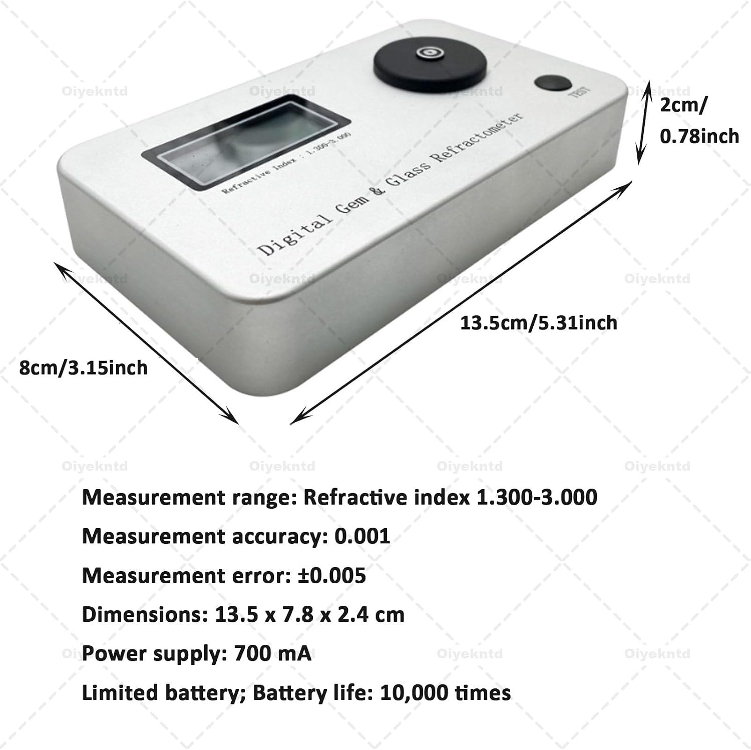 Digital Gemstone Refractometer, Portable Use High Accuracy Professional Jewelry Tester with LCD Display, Refractive Index Range 1.300-3.000, ±0.005 Accuracy, 700mAh Battery