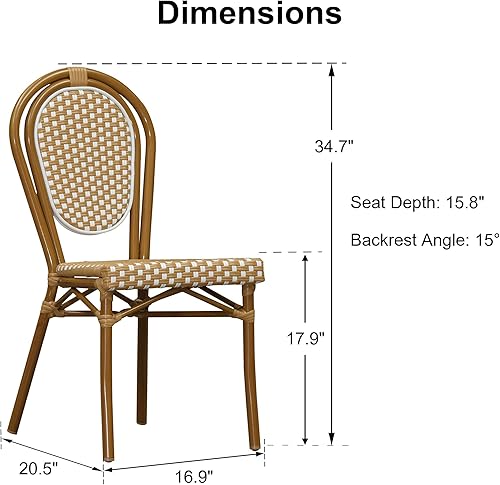 Miniatura 2 de PURPLE LEAF Juego de 2 sillas de comedor para patio, marco de aluminio francés para exteriores, acabado de bambú, ratán tejido ámbar y blanco, para