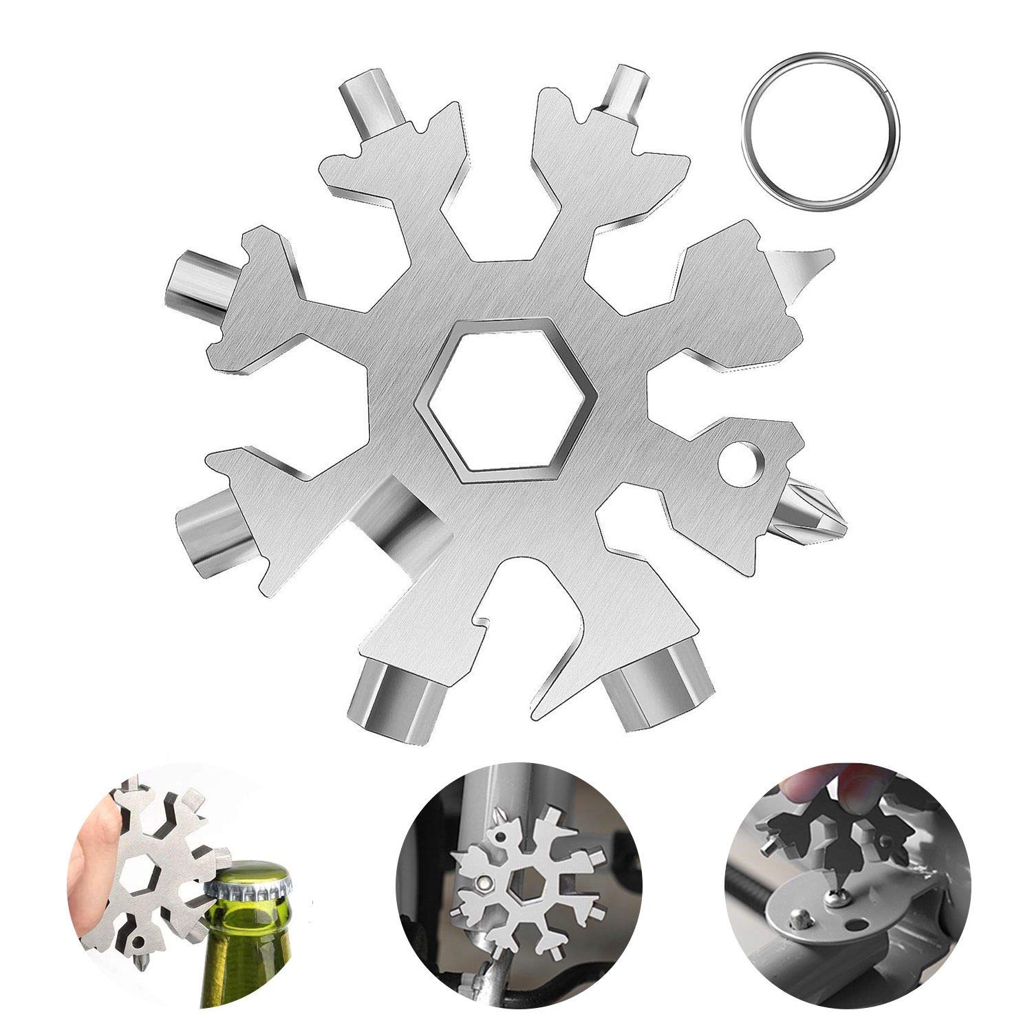 18-in-1 Snowflake Multi Tool, Stainless Steel Snowflake Bottle Opener/Flat Phillips Screwdriver Kit/Wrench, Durable and Portable to Take, Great Christmas gift(Standard, Stainless Steel) (Grey)