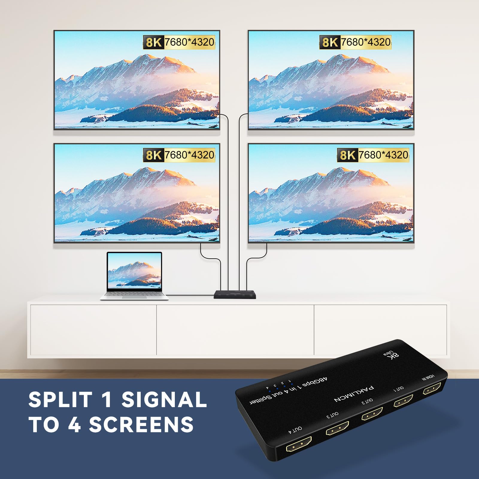 Divisor HDMI 8K 1 en 4 salida 4K 120Hz, adaptador duplicador HDMI 1 a 4 salidas simultáneamente para 4 pantallas, compatible con Full HD 1080P 3D HDCP 1.4 para PS3/4, reproductor de DVD Blu-Ray, no