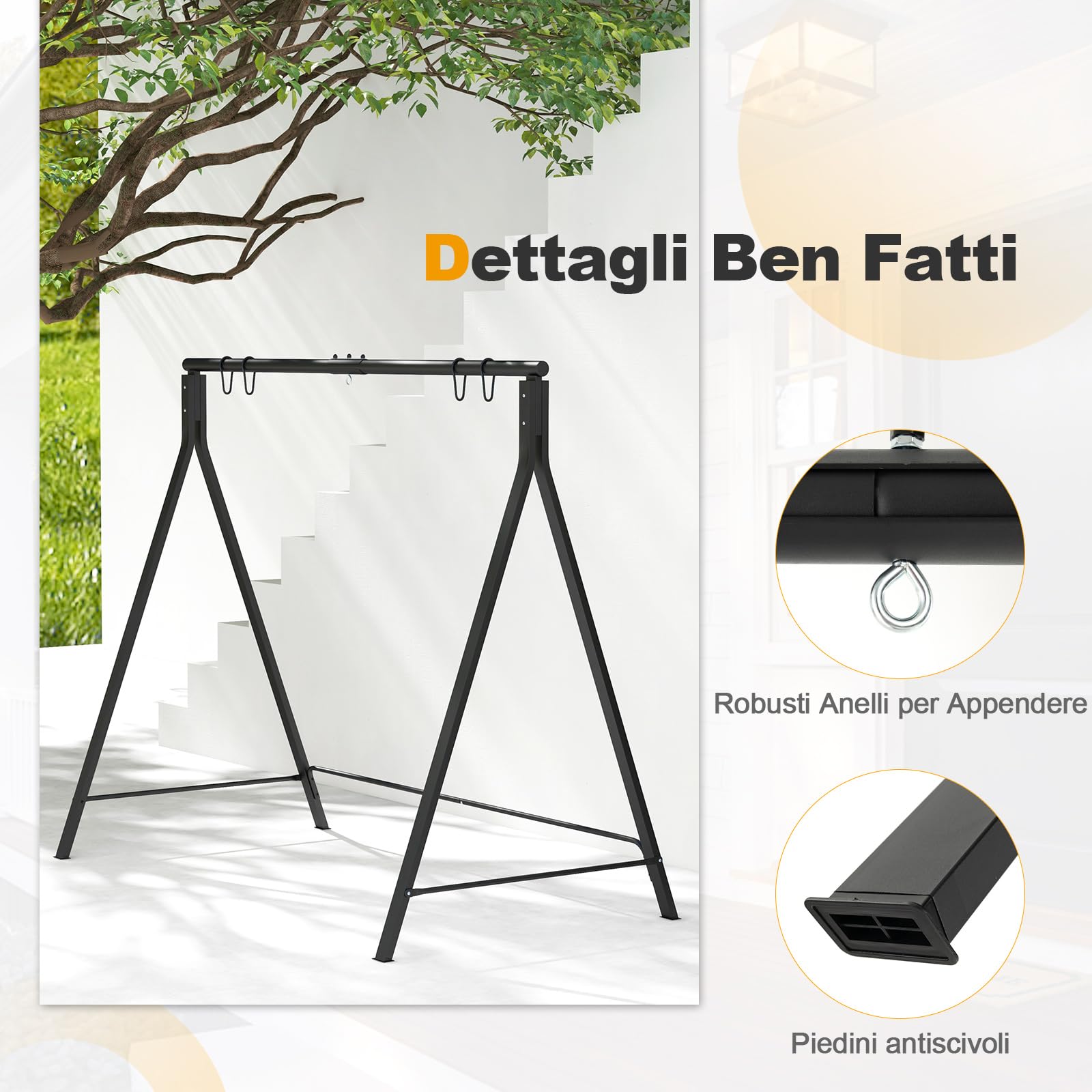 COSTWAY Supporto per Altalena in Metallo, Struttura a Forma di A | Telaio per Altalena da Giardino in Metallo, Portata 160 kg, 210 x 115 x 175 cm