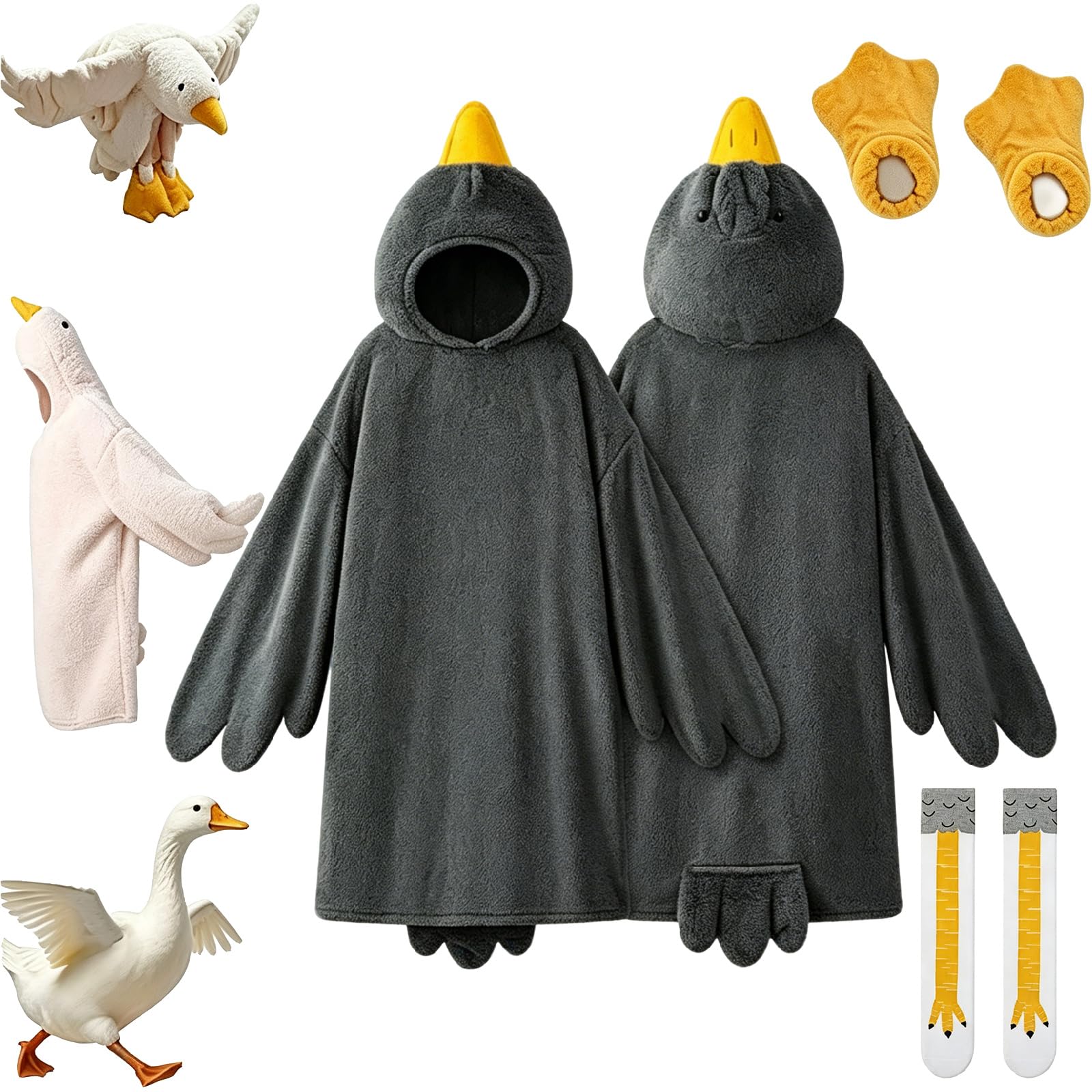 Goose Blanket Hoodie Onesie for Adult & Kid, 3Pcs Oversized Warm Duck Wearable Hoodie Blanket with Sleeves, Funny Unisex Wearable Animal Pyjamas Set with Shoes & Socks, Cozy Sleeping Bag (Black, M)