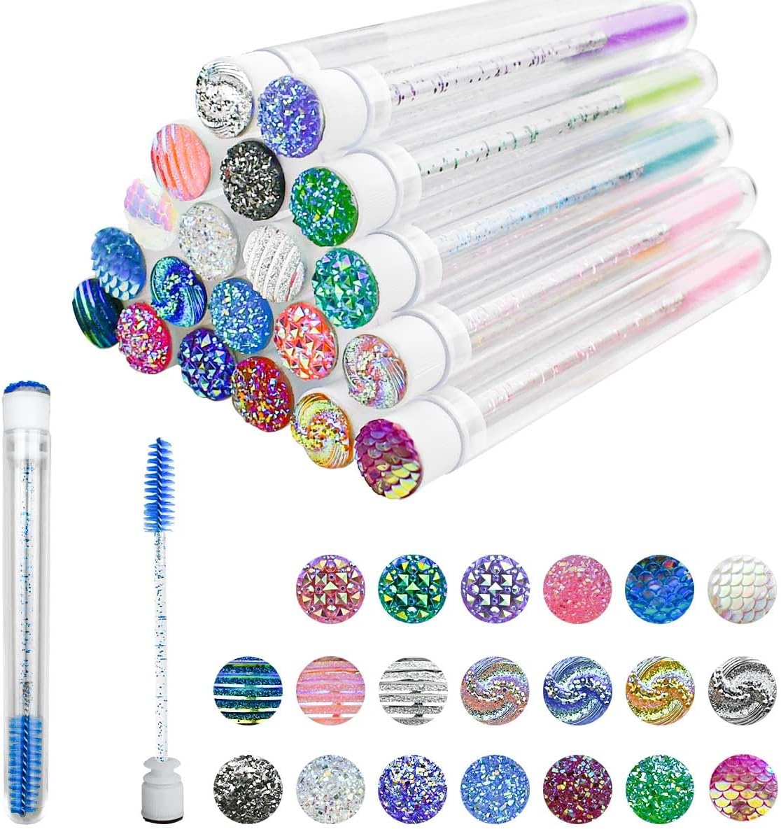 20-Piece Disposable Mascara Wand Set - Diamond Eyelash Brushes, Lash Wand Tubes, Spoolies with Empty Tube - Makeup Tool, Eyebrow Applicator Supplies (Mixed Color)
