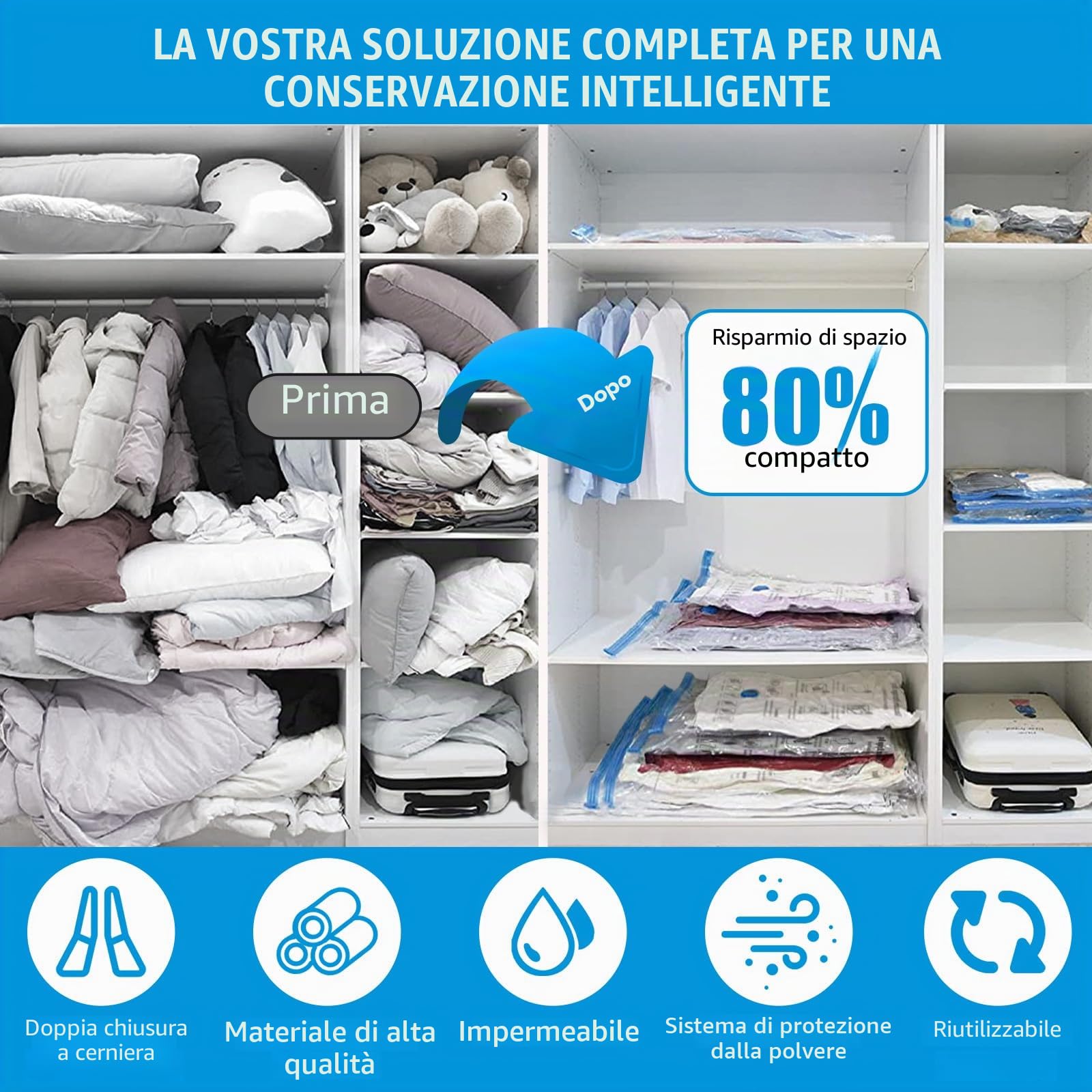 BoxLegend 25 Pezzi Sacchetti Sottovuoto Vestiti, Sacchi Sottovuoto 2 Jumbo + 3 Extra Grandi + 7 Grandi + 7 Medi + 6 Piccoli Sacchetti Salvaspazio Perfetti per Viaggi e Conservazione Piumoni Buste