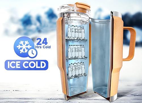 Miniatura 133 de Meoky Vaso de 32 onzas con asa, vaso aislado con tapa y popote, taza de viaje de acero inoxidable, 100% a prueba de fugas, mantiene el frío durante