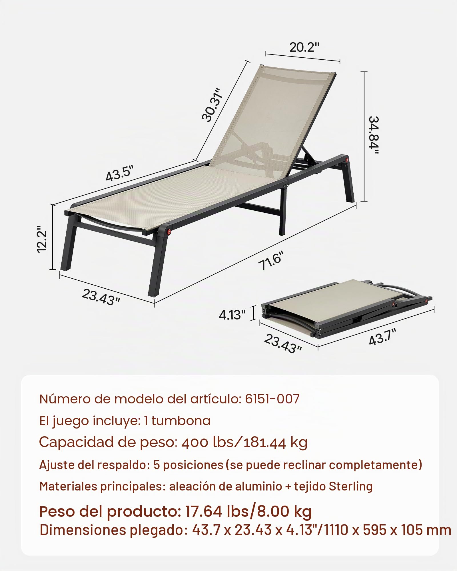 VEVOR Tumbona Plegable, 1110 x 595 x 105 mm, Tumbona Impermeable con 5 Posiciones Ajustables, Sillón de Aluminio Relajante, Carga de 180 kg para Jardín, Playa, Patio, Camping y Terraza, Caqui