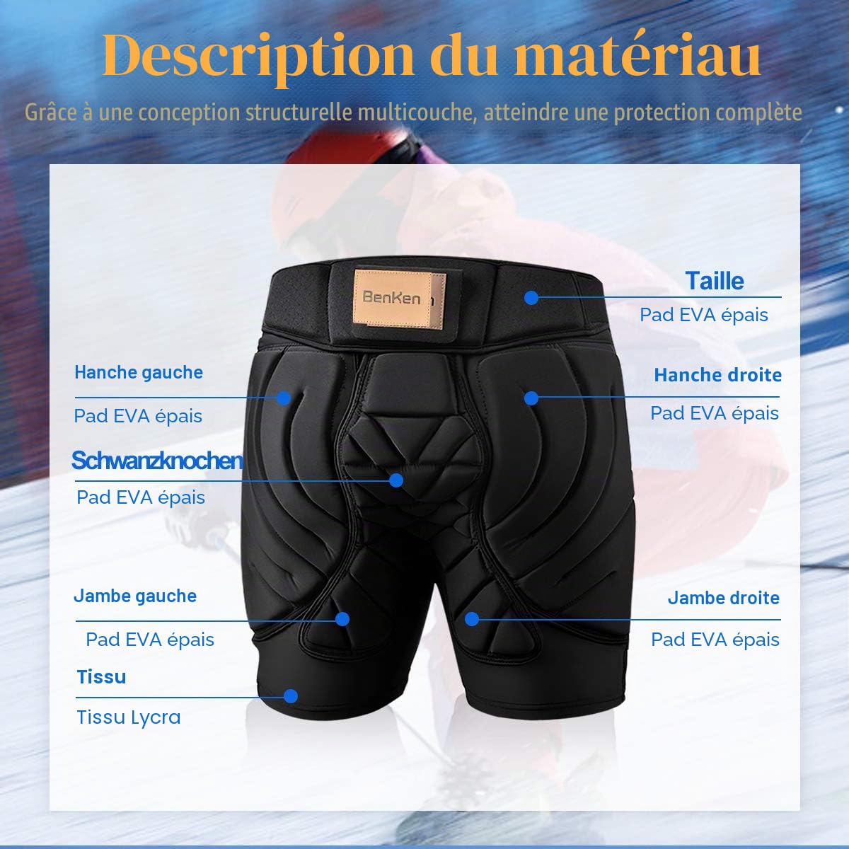 BenKen Short de Protection Hip Pad Pantalon de Protection pour Cyclisme Patinage Snowboard Skating Ski Roller Vélo VTT Homme et Femme (L)
