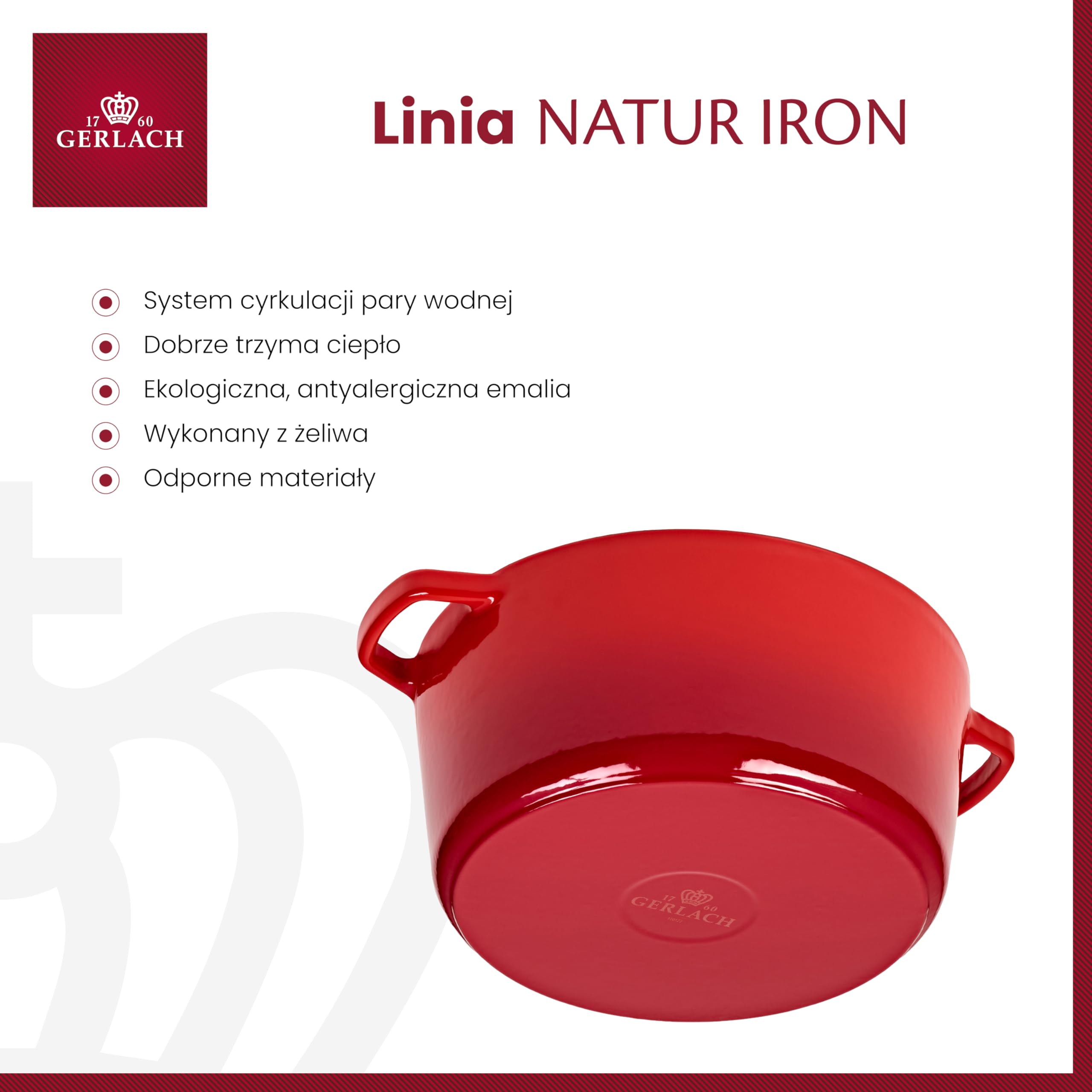 Gerlach 1760 Żeliwny Garnek Do Pieczenia Garnek Do Gotowania Smażenia Emaliowany Z Pokrywką 5 l Czerwony Natur Iron