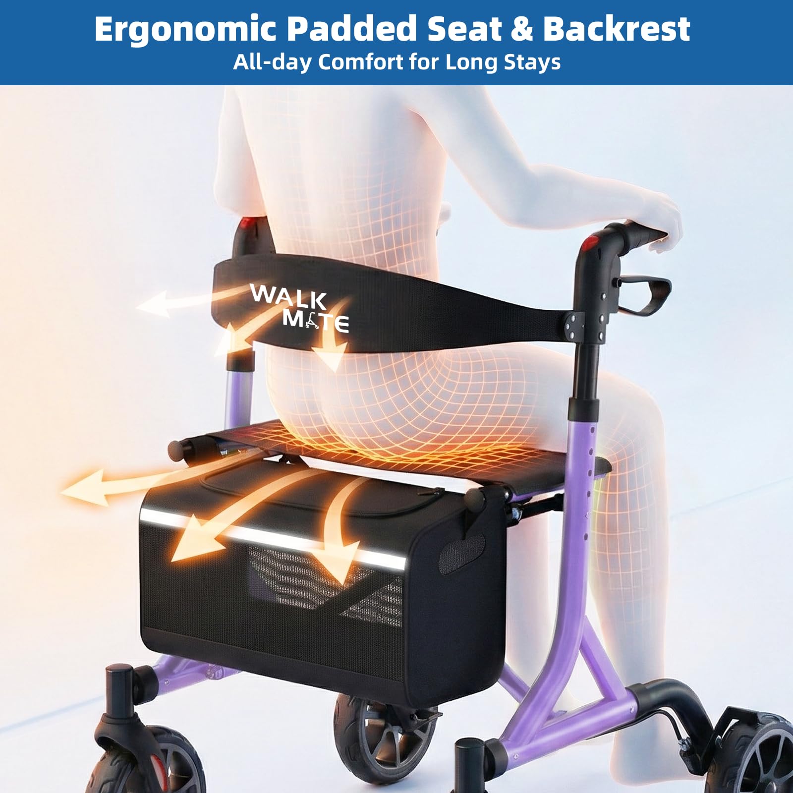 WALK MATE Andador con ruedas para personas mayores con soporte para tazas, botón de presión mejorado para ajustar la altura, ruedas de 4 x 8 pulgadas con asiento respaldo acolchado, plegable, ligera,