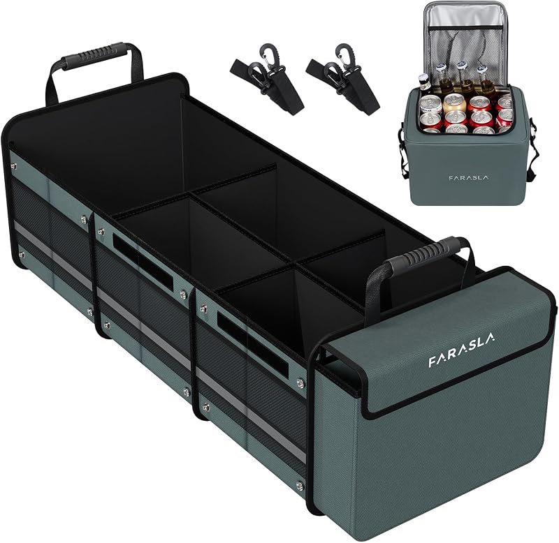 Waterproof Trunk Organizer with Insulated Leakproof Cooler Bag, Foldable Cover, Adjustable Securing Straps (4-in-1 w/Cooler, Gray) | Collapsible Storage, Foldable Cover, Removable Leakproof Cooler, Adjustable Securing Straps, Fits SUVs and Trucks