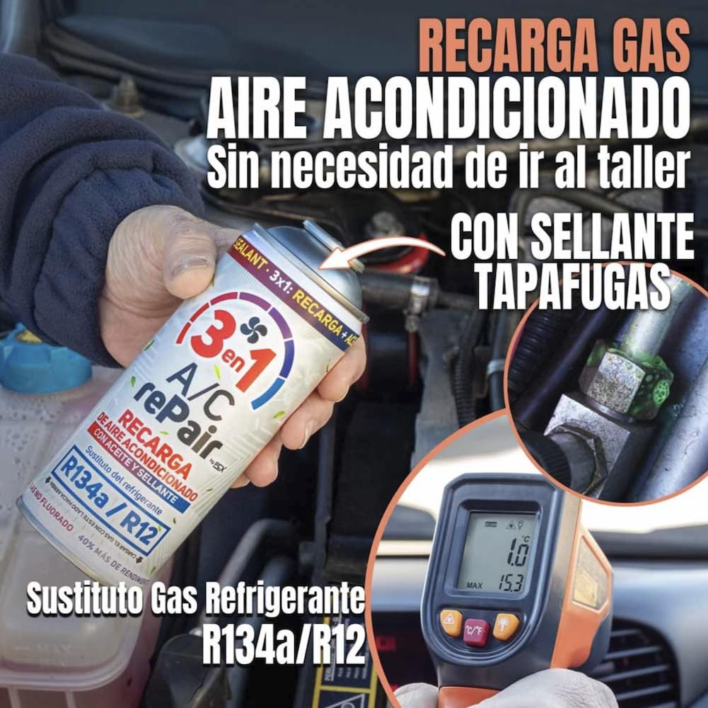 A/C rePair Recarga Aire Acondicionado Coche 3 en 1 Compatible R134a/R12 hasta 2016 – Sustituto Refrigerante con Sellador y Lubricante 400ml (1 ENVASE + LLAVE)