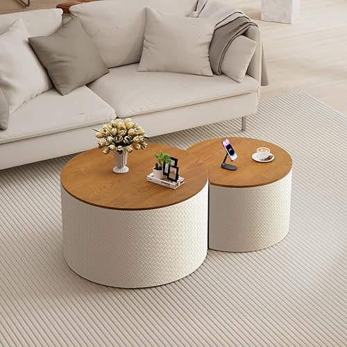 Miniatura 8 de Juego de 2 mesas auxiliares redondas anidables con almacenamiento, mesa auxiliar de madera moderna con marco de MDF y superficie de cuero, mesa
