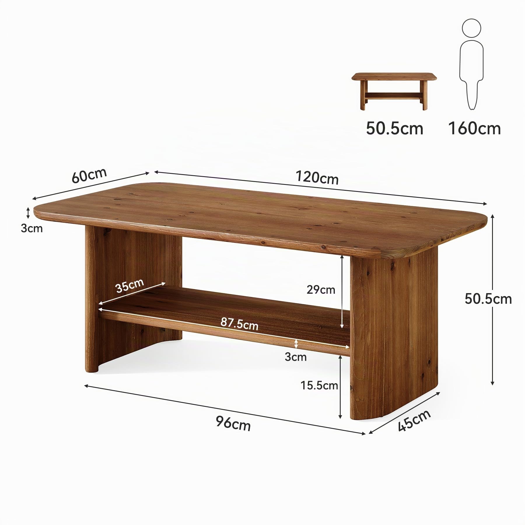 Mesa de Centro de Madera Maciza, Mesa de Centro Rectangular de 120 cm con Espacio de Almacenamiento, Mesita Auxiliar, Mesa de Té para Salón Oficina, Marrón