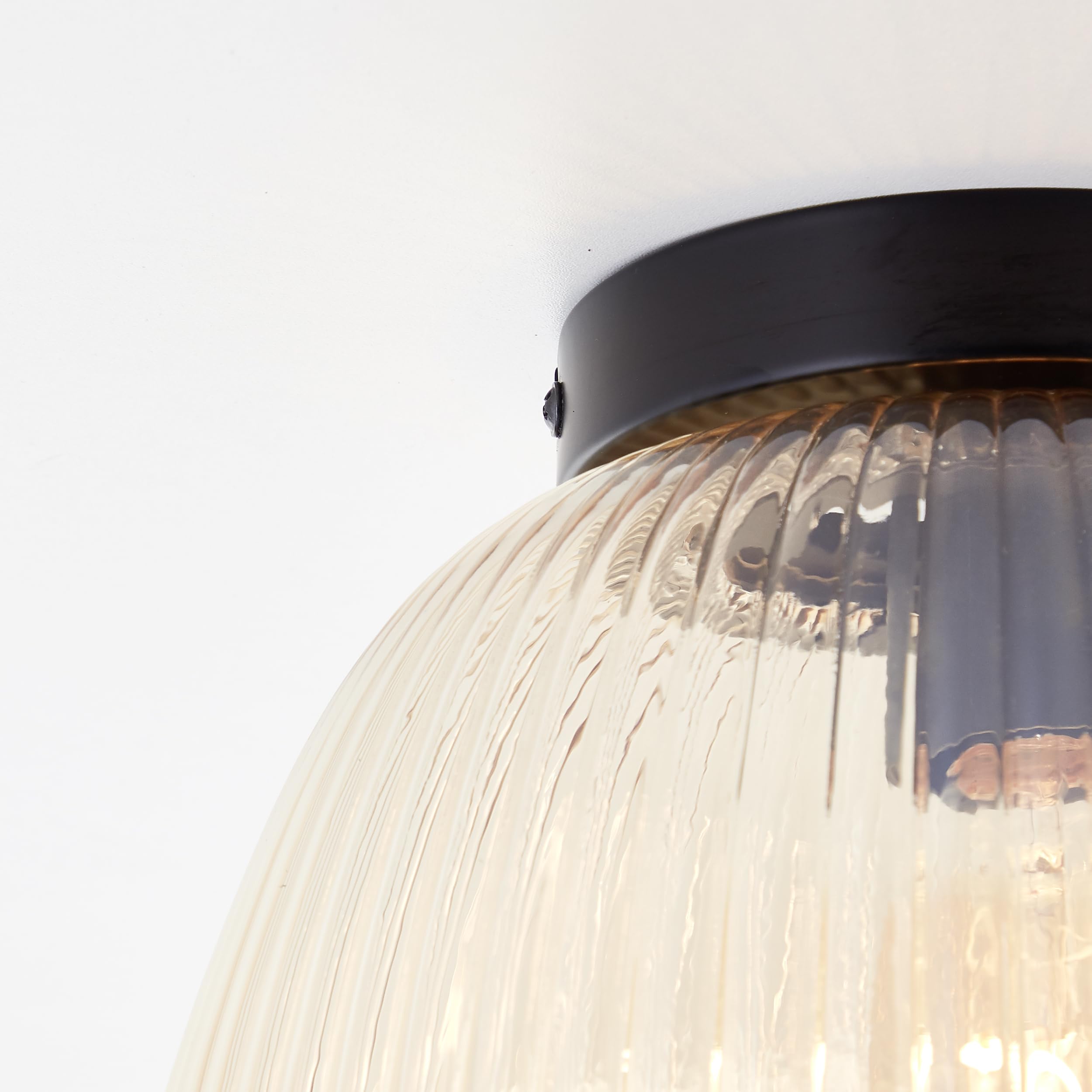 Lightbox Retro Deckenlampe mit Riffelglas Lampen-Schirm | Ø 25 cm | dekorative Deckenleuchte | E27 Fassung | Wohnzimmer-Lampe aus Glas/Metall in Amber-Bernsteinfarben/Matt Schwarz