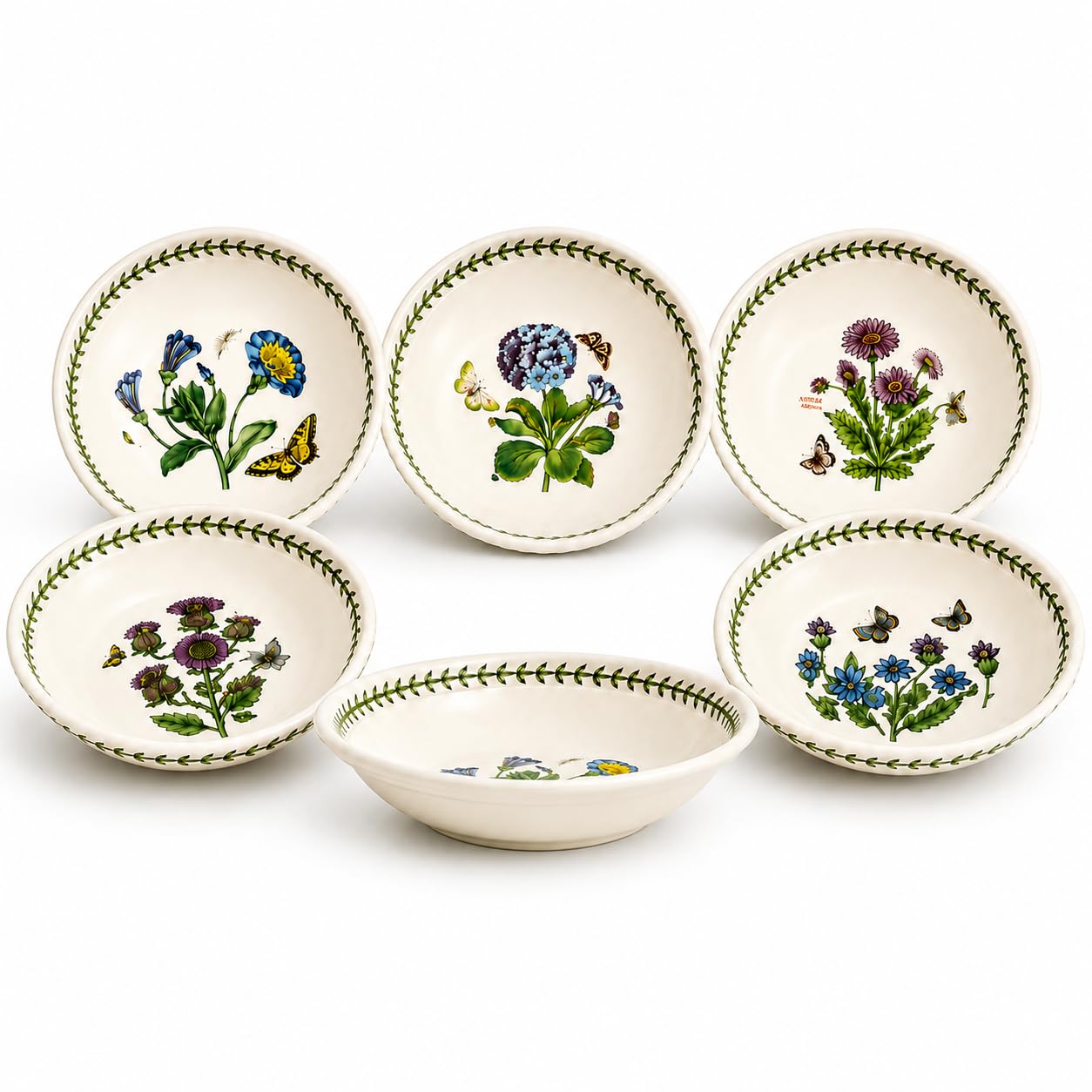 Portmeirion x Botanic Garden Set of 6 Soup Plates - White Floral Design Motif with Green Leaf Edging, Earthenware, Made in England, Stylish, Durable, Safe for Microwave & Dishwasher, 22cm