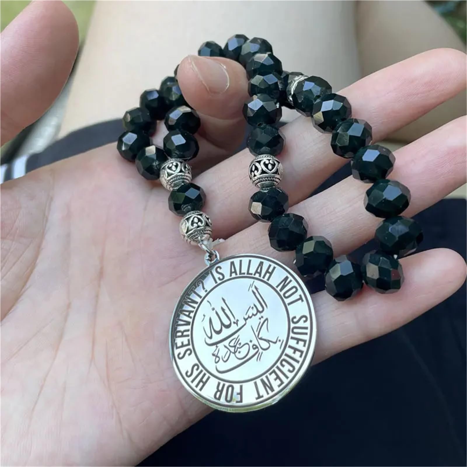 Islam Muslim is Allah not Sufficient for his Servant Stainless Steel 33 Black Beads tasbih Car Rear View Mirror Car Pendant