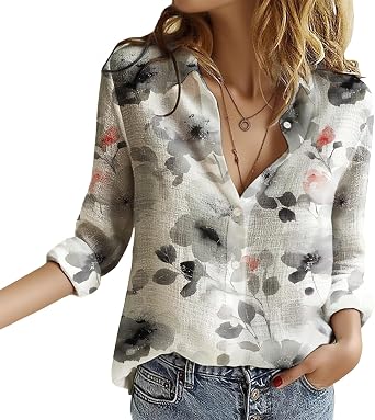 Button Down Shirts for Women Long Sleeve Floral Printed Shirts Collared Gauze Tops Business Casual Work Tops